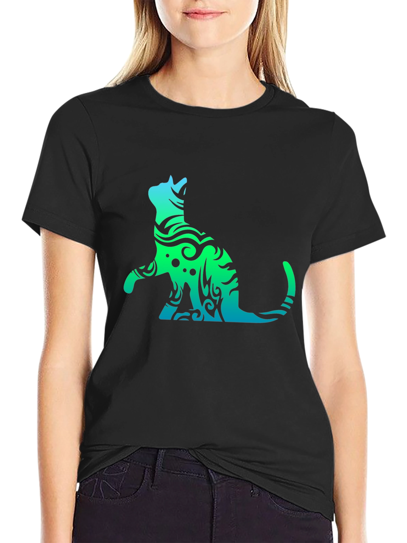 Tribal Cat Graphic Tee - Black Casual T-Shirt