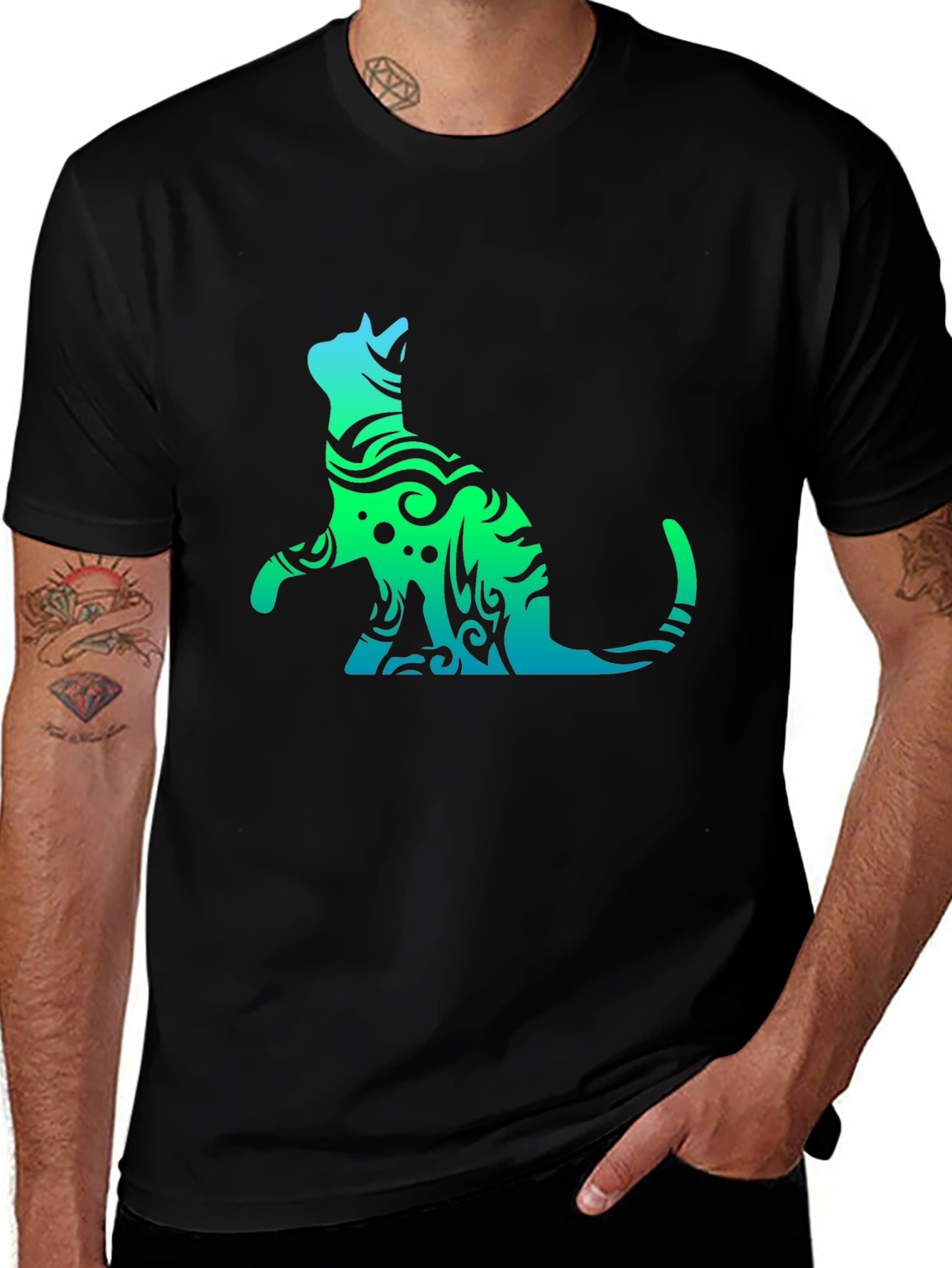 Tribal Cat Graphic Tee - Black Casual T-Shirt