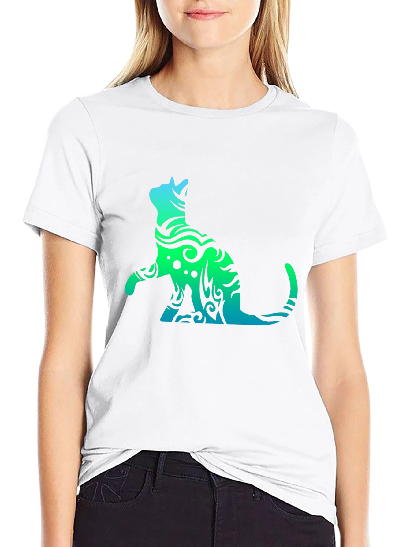 Tribal Cat Graphic Tee - Black Casual T-Shirt
