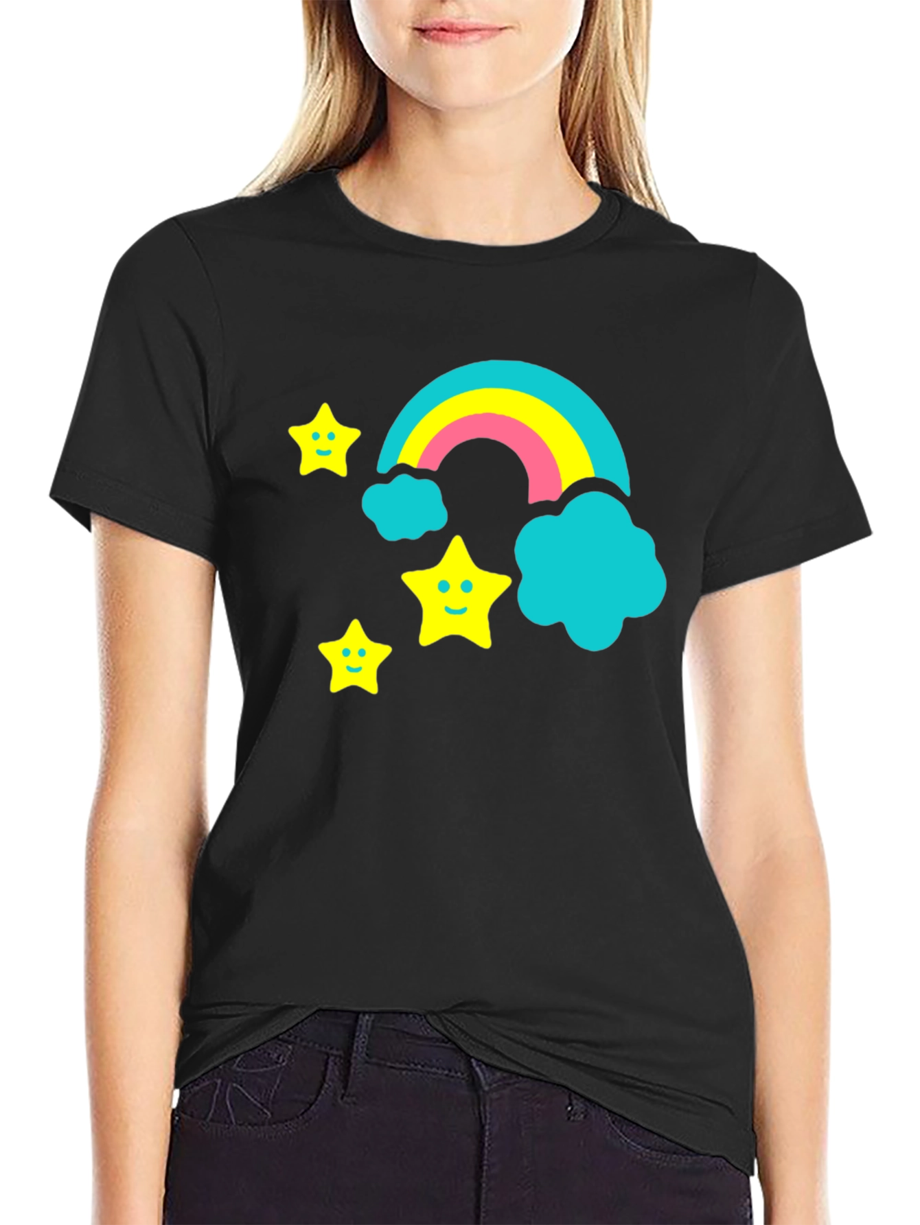Rainbow & Stars Graphic Tee - Fun Black T-Shirt