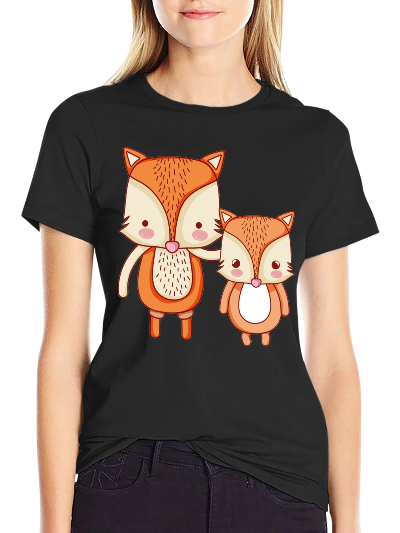 Cute Fox Family Graphic Tee - Black