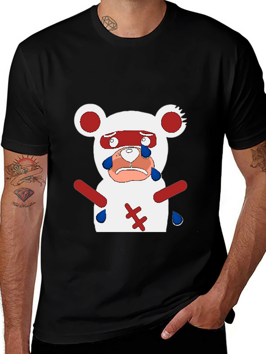 Sad Anime Bear T-Shirt - Black Cotton Blend Casual Tee