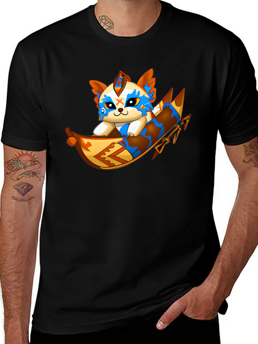 Cartoon Cat Rafting Black T-Shirt