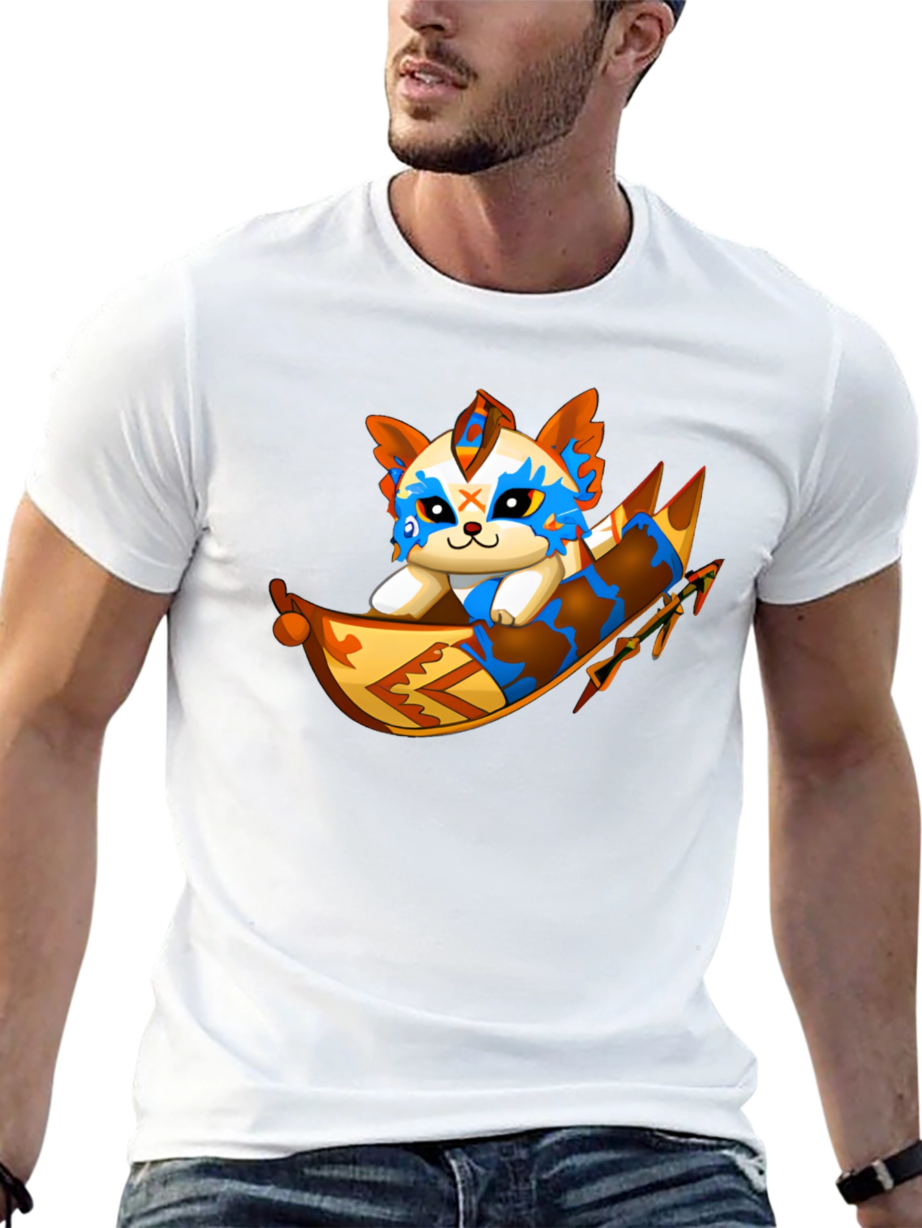 Cartoon Cat Rafting Black T-Shirt