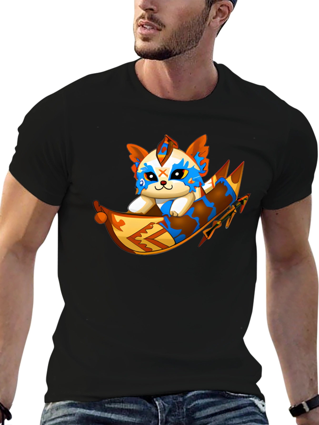 Cartoon Cat Rafting Black T-Shirt