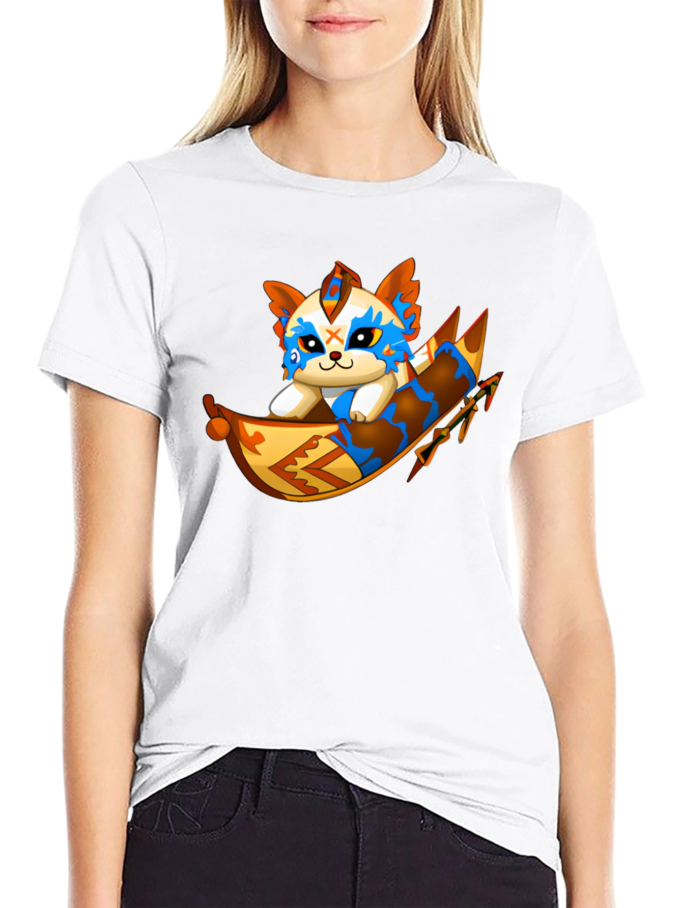Cartoon Cat Rafting Black T-Shirt