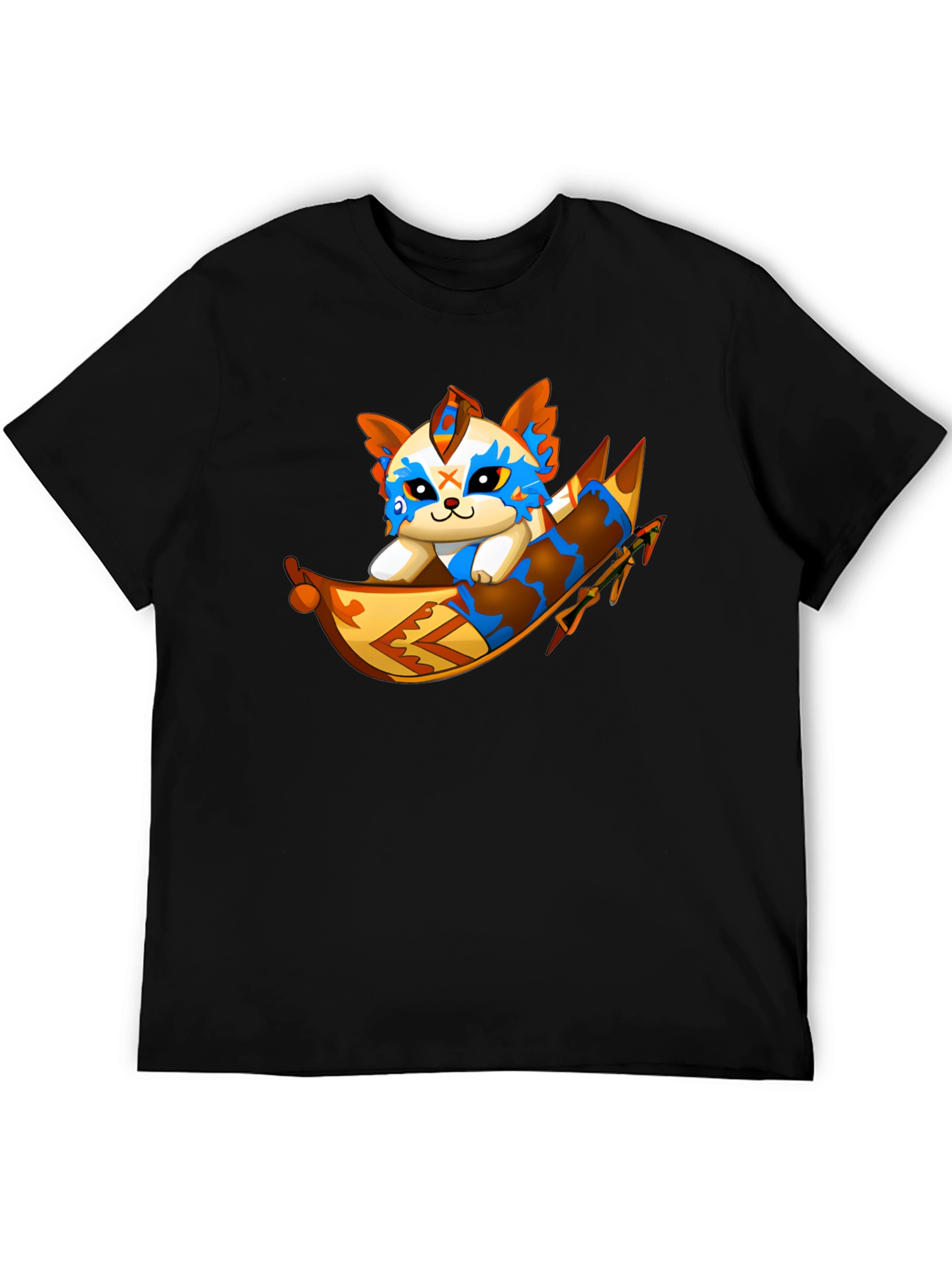 Cartoon Cat Rafting Black T-Shirt