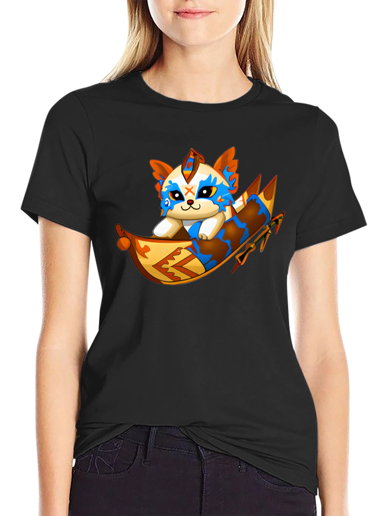Cartoon Cat Rafting Black T-Shirt