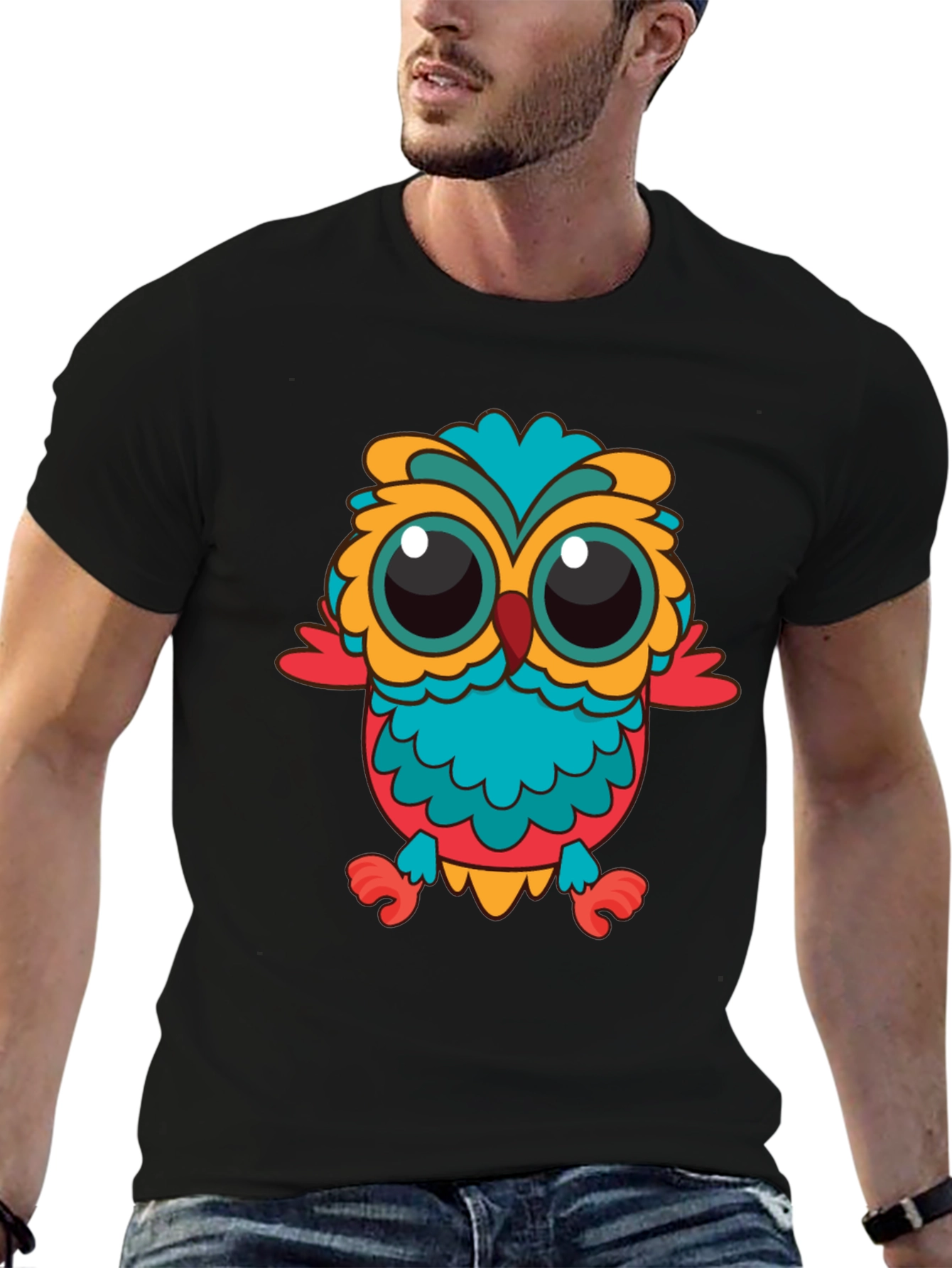 Owl Graphic T-Shirt - Black Crew Neck Tee