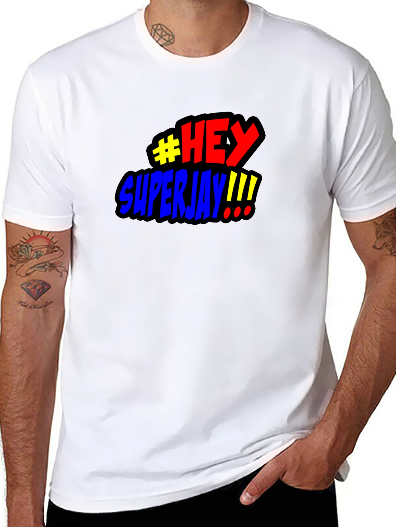 #HEY Superjay!!! Mens Black Graphic T-Shirt