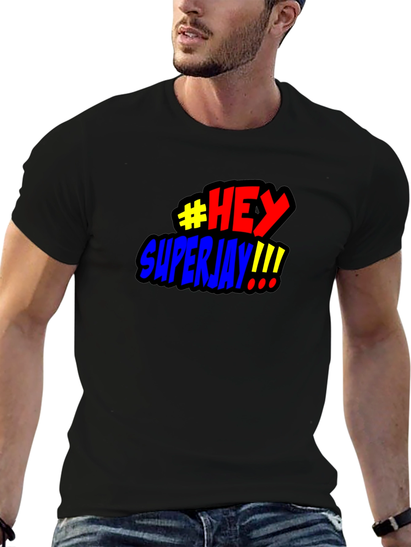 #HEY Superjay!!! Mens Black Graphic T-Shirt