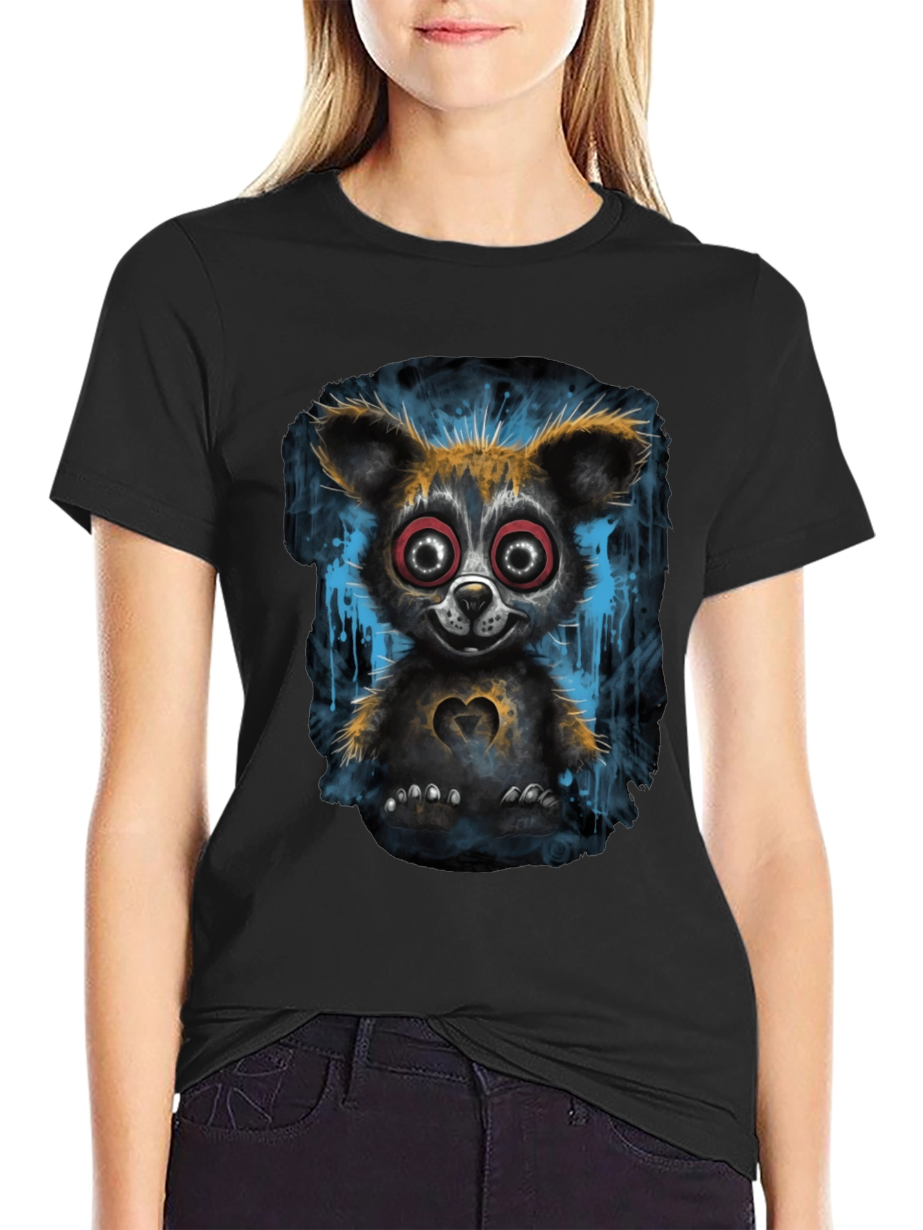 Creepy Cute Bear Graphic T-Shirt - Black