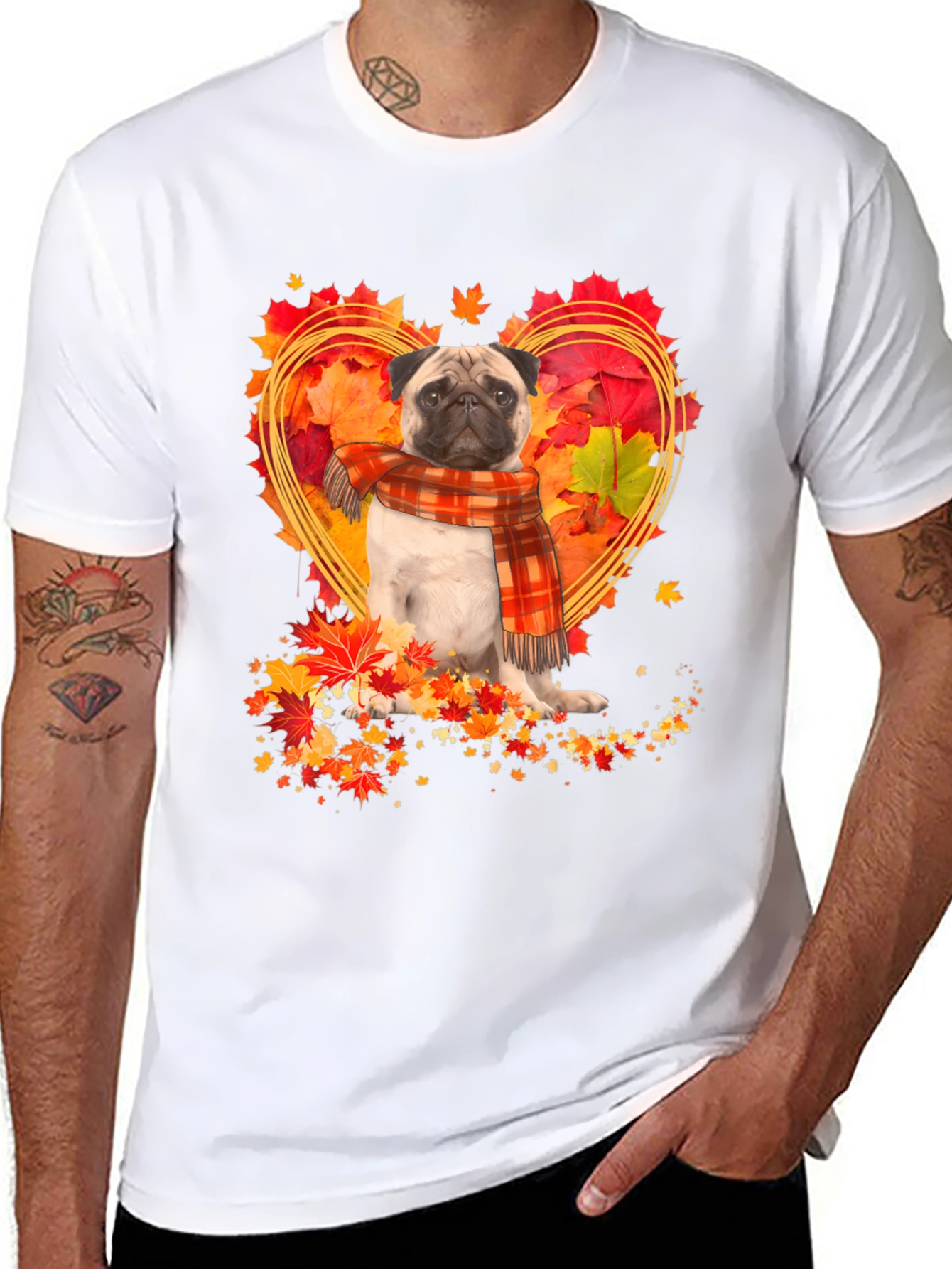 Pug Fall Leaves Heart T-Shirt