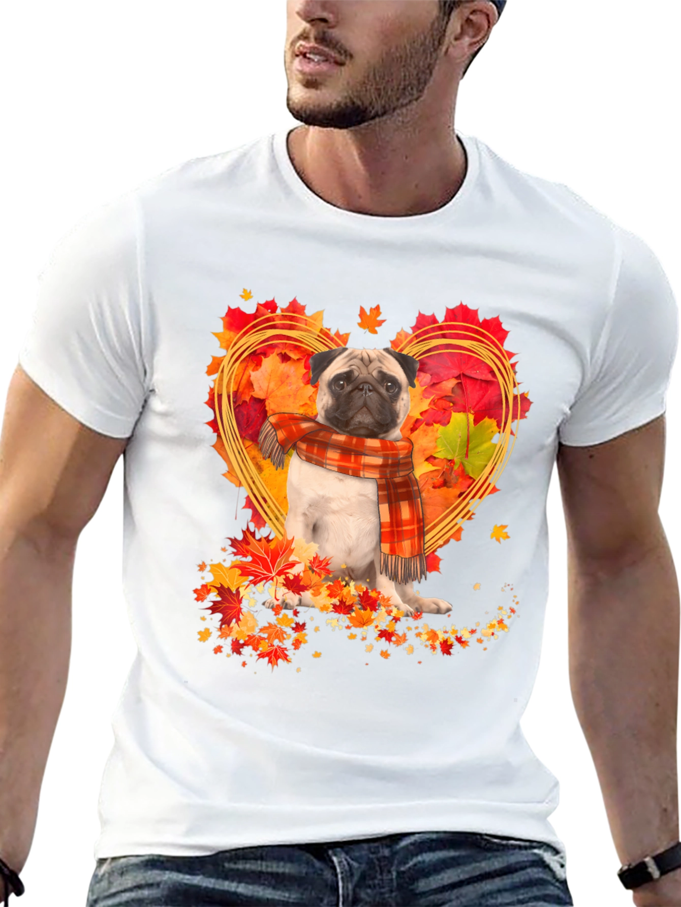 Pug Fall Leaves Heart T-Shirt