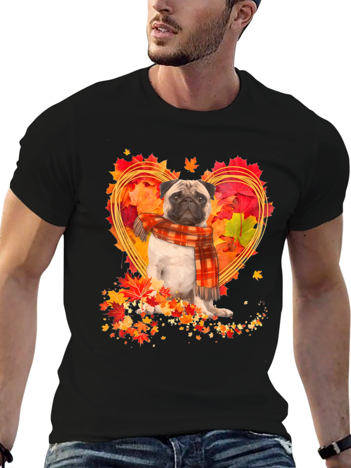 Pug Fall Leaves Heart T-Shirt
