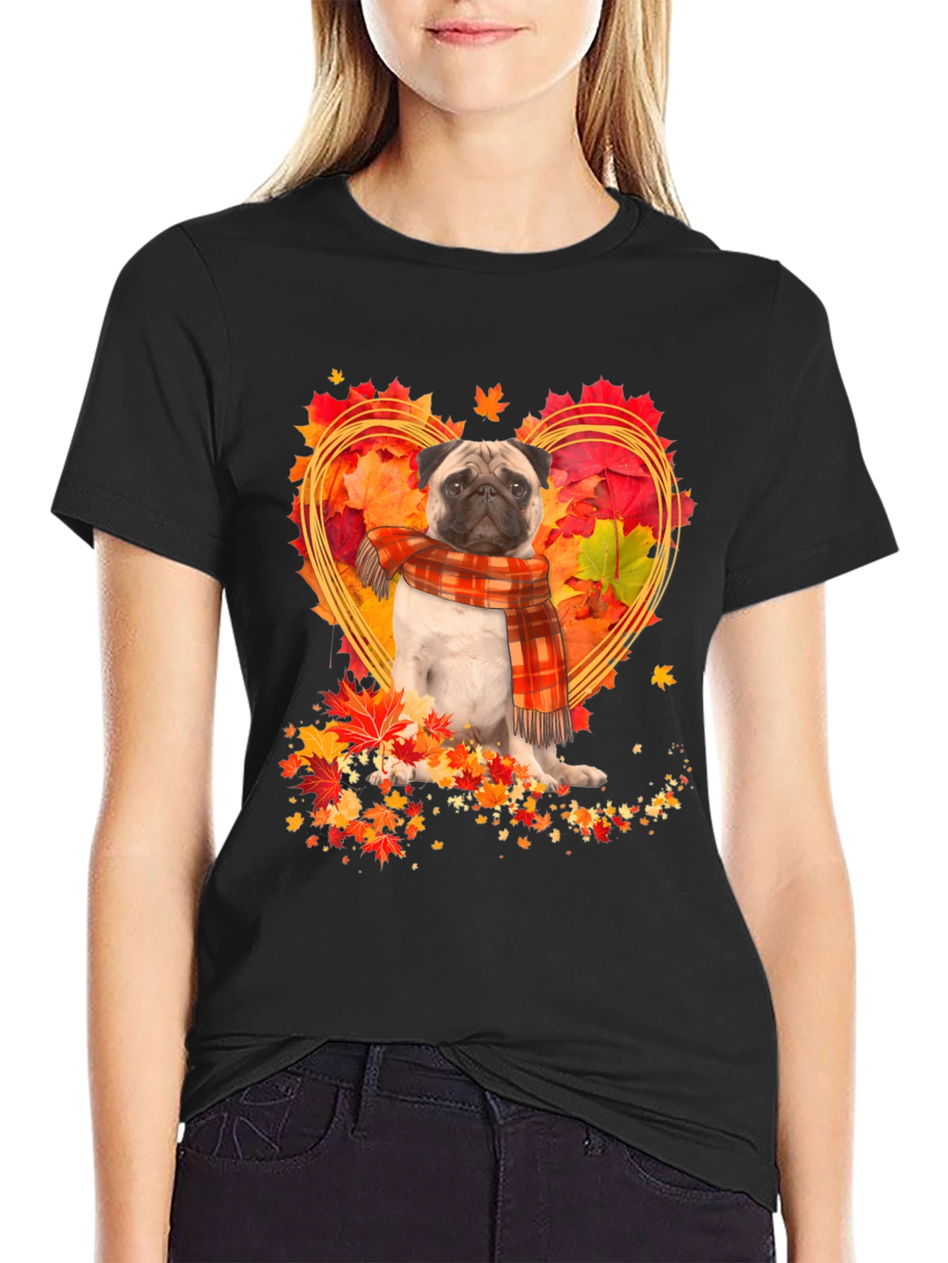 Pug Fall Leaves Heart T-Shirt