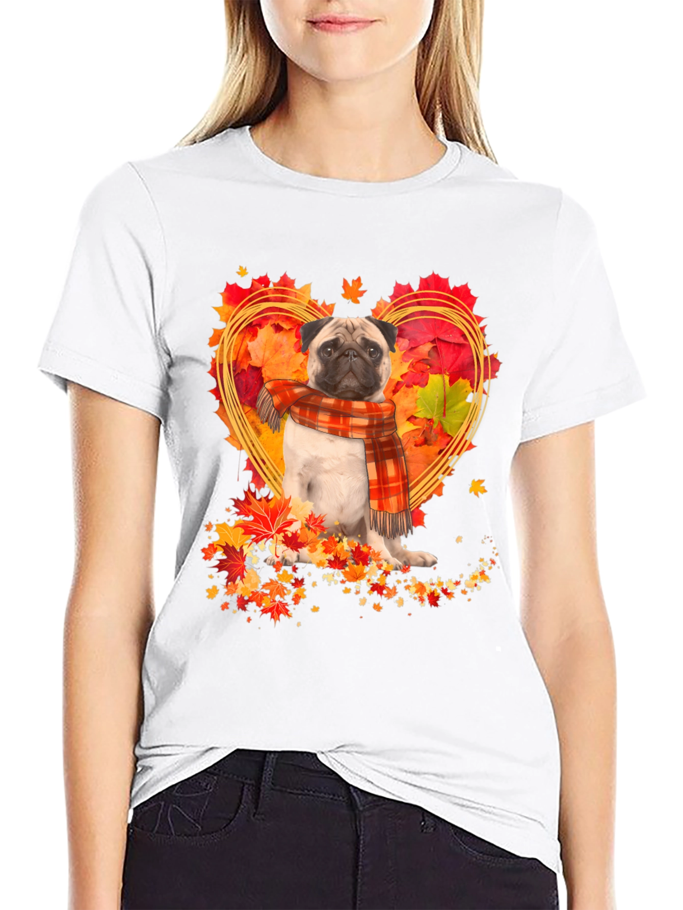 Pug Fall Leaves Heart T-Shirt
