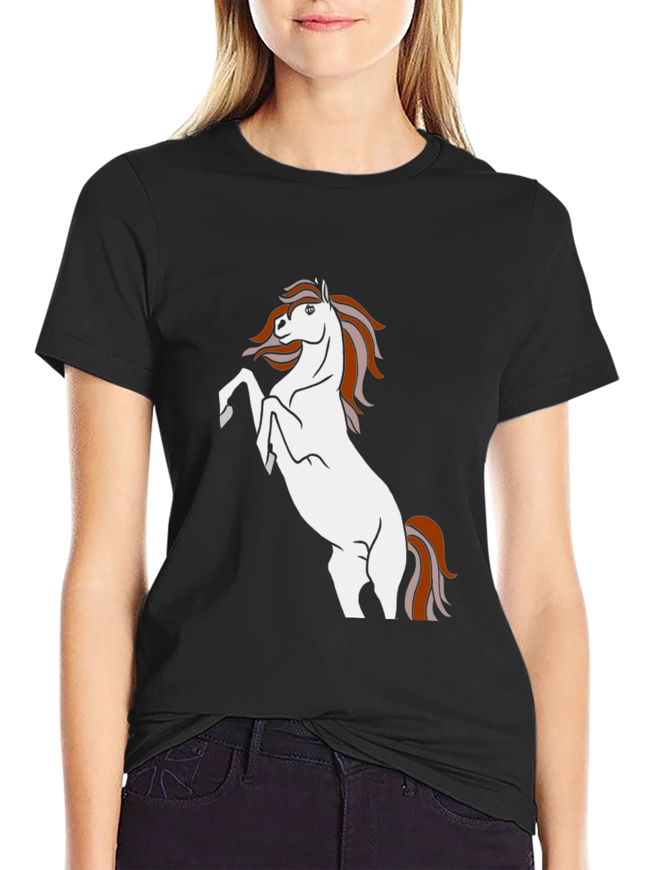 Black T-Shirt with White Horse Graphic