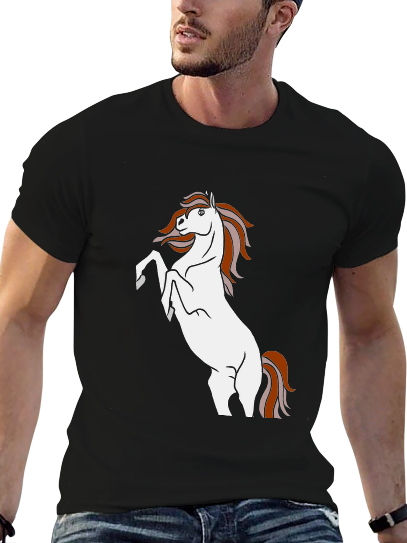 Black T-Shirt with White Horse Graphic