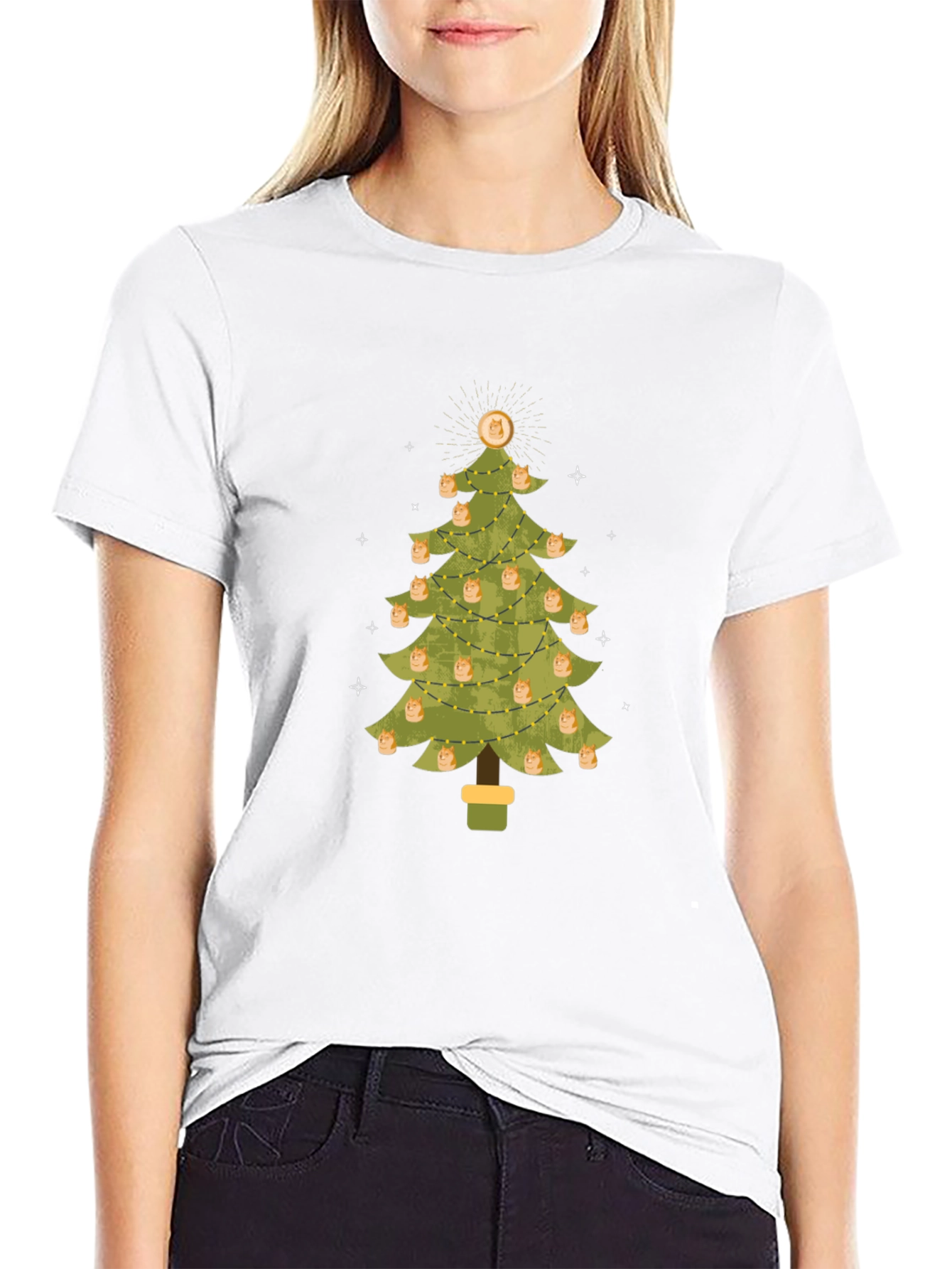 Dogecoin Christmas Tree Graphic Tee - Holiday Crypto Shirt