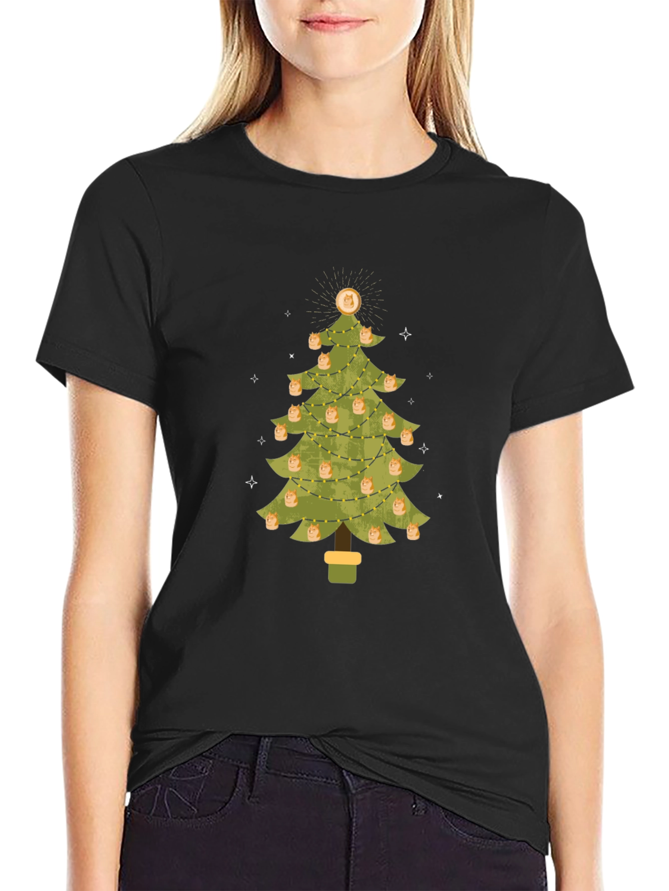 Dogecoin Christmas Tree Graphic Tee - Holiday Crypto Shirt