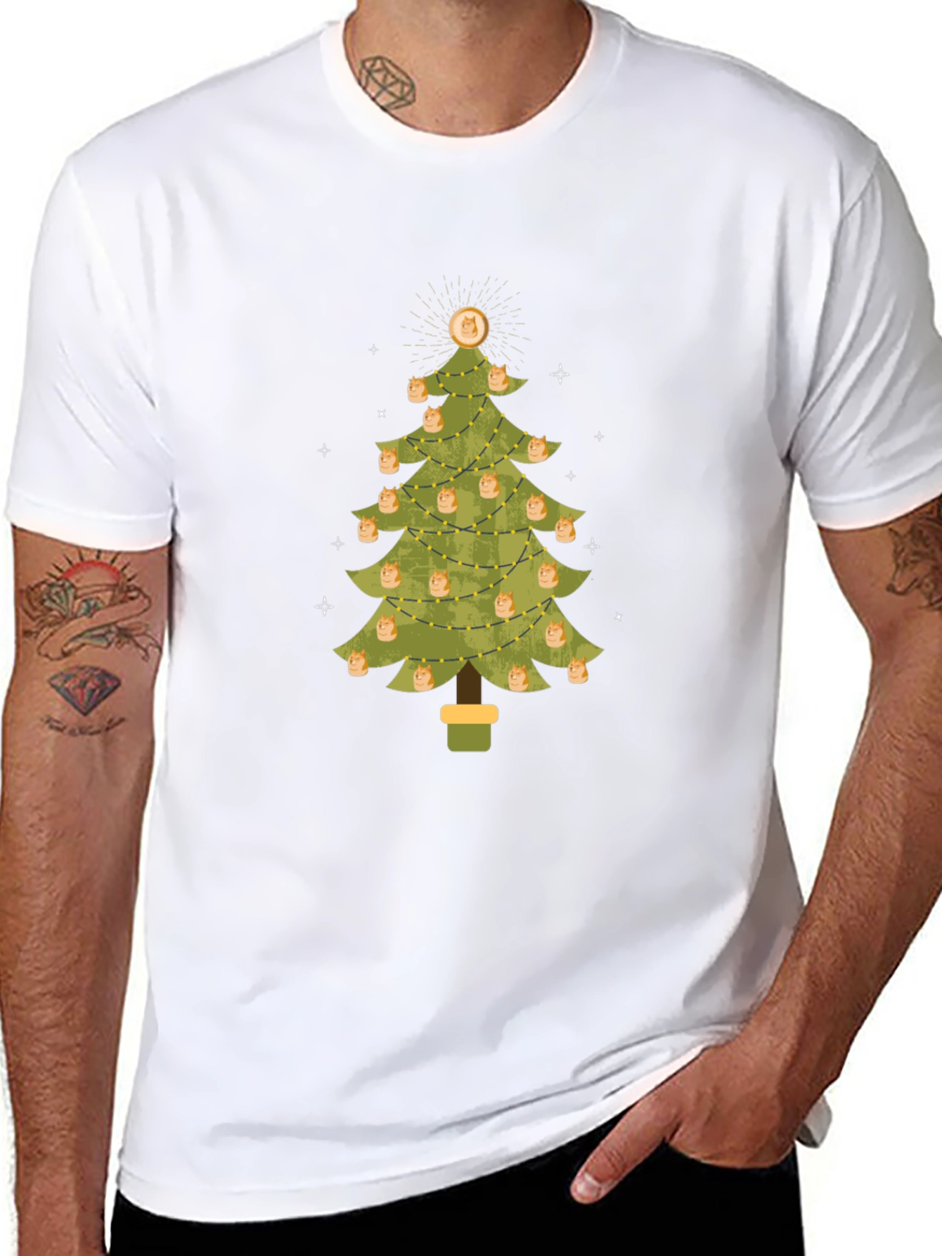 Dogecoin Christmas Tree Graphic Tee - Holiday Crypto Shirt