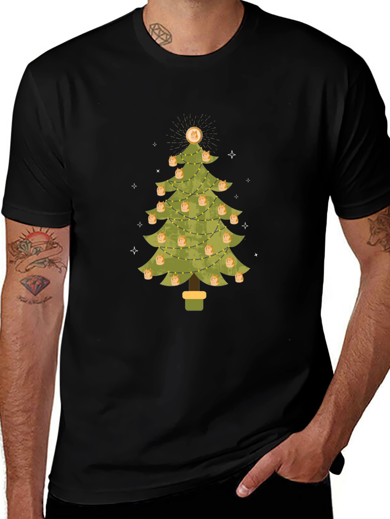 Dogecoin Christmas Tree Graphic Tee - Holiday Crypto Shirt