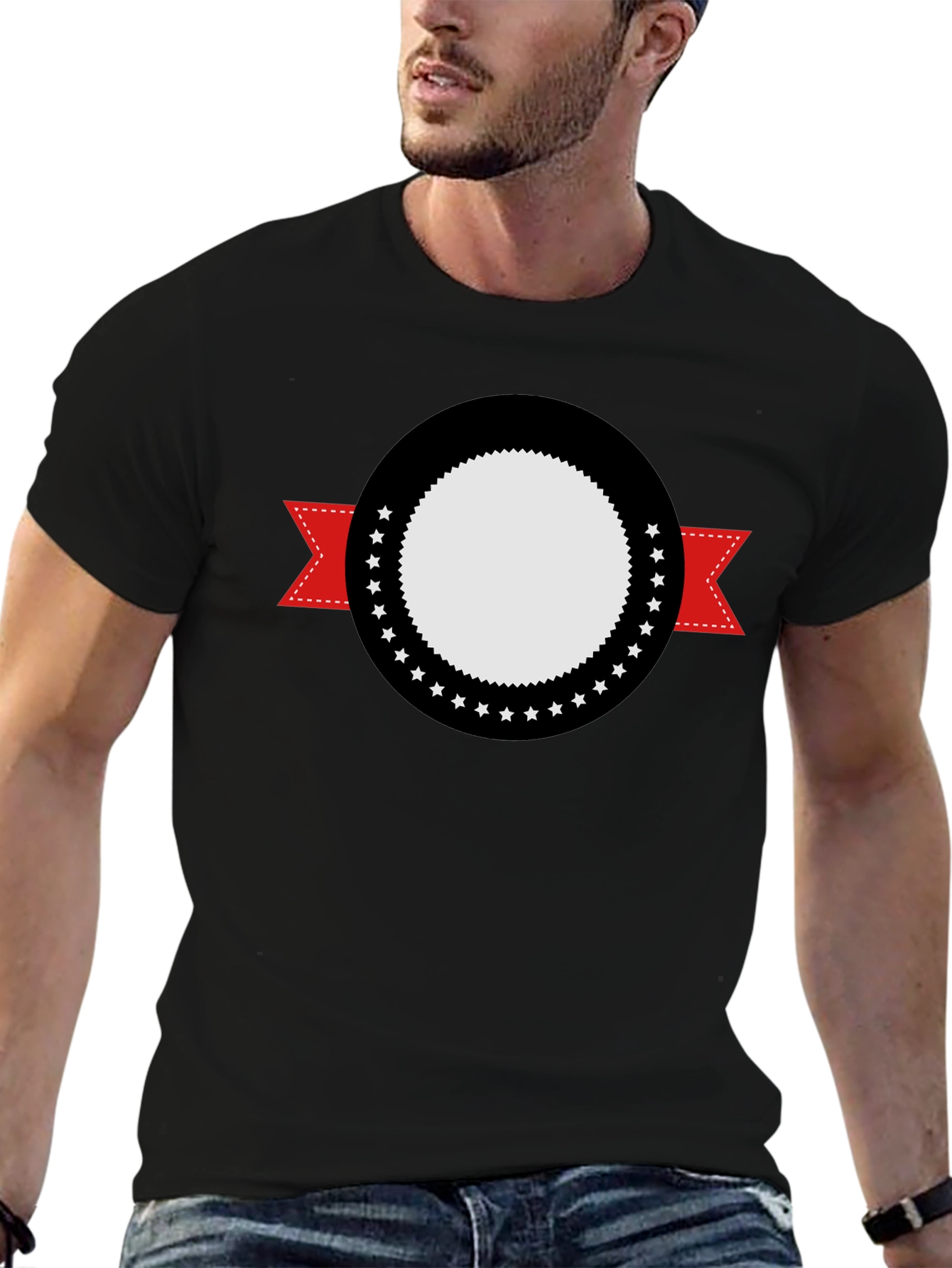 Modern Black Tee with Graphic Emblem Design