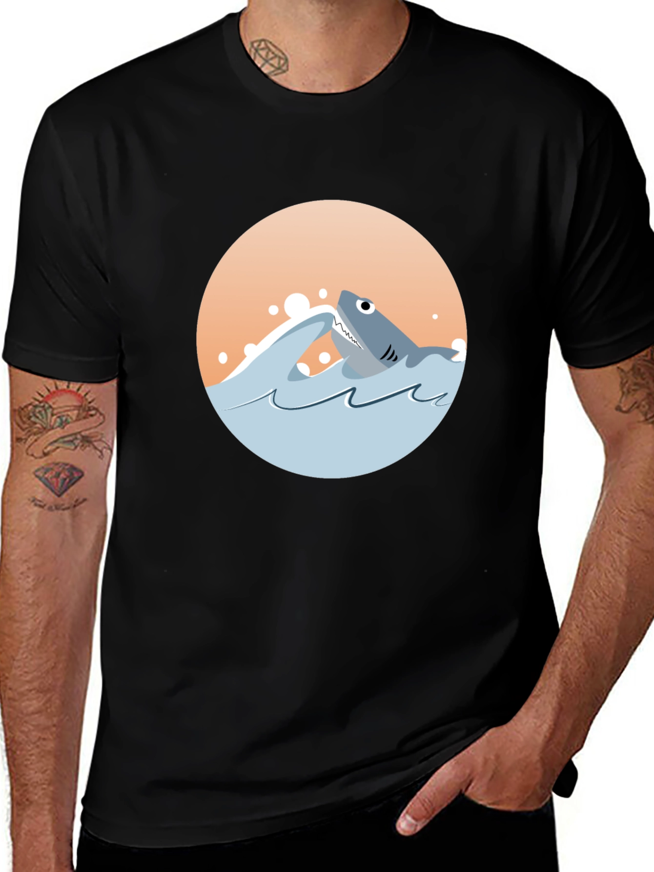 Shark Graphic Tee - Black Cotton Crewneck T-Shirt