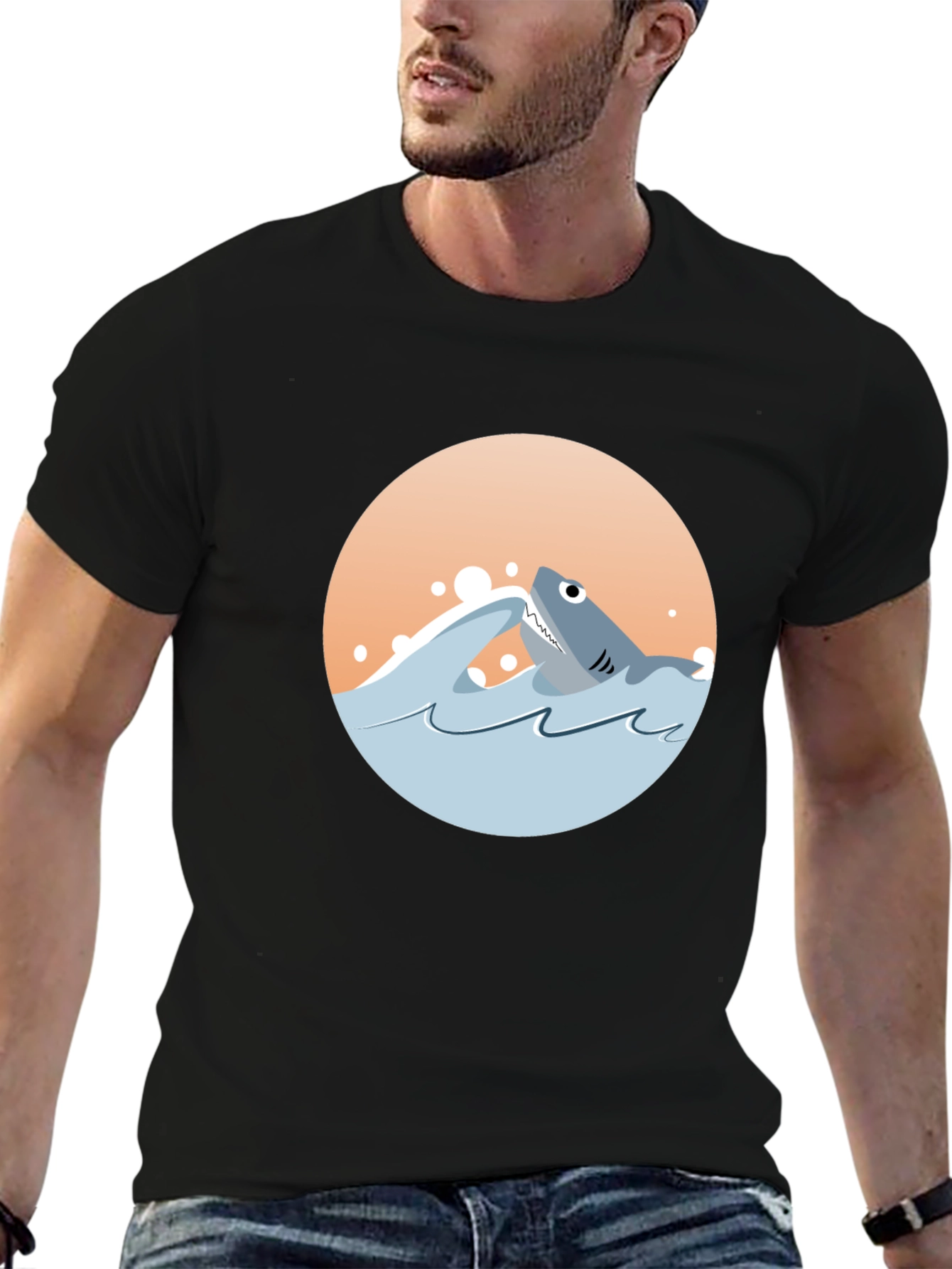 Shark Graphic Tee - Black Cotton Crewneck T-Shirt