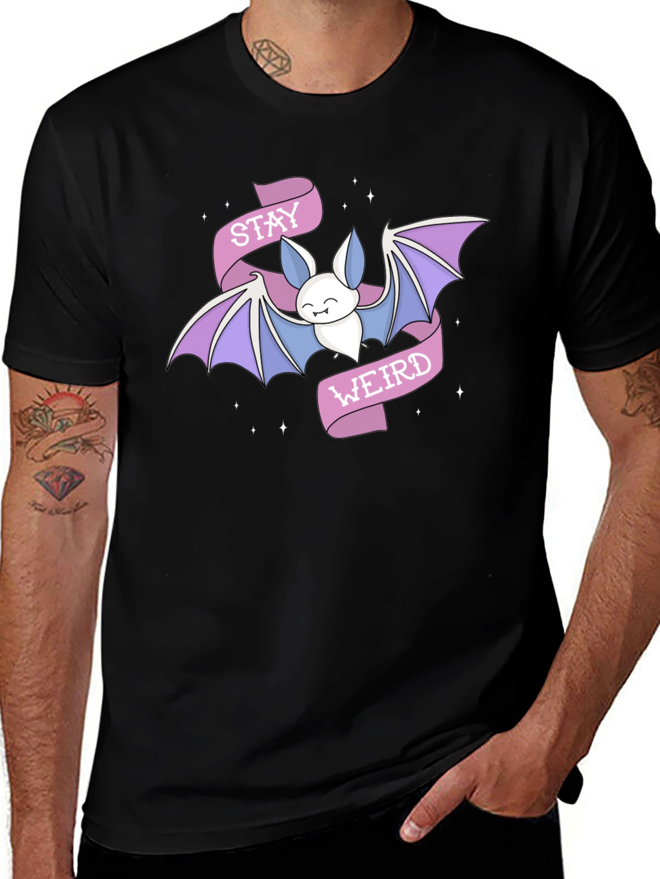 Stay Weird Bat Graphic Tee - Black Cotton T-Shirt