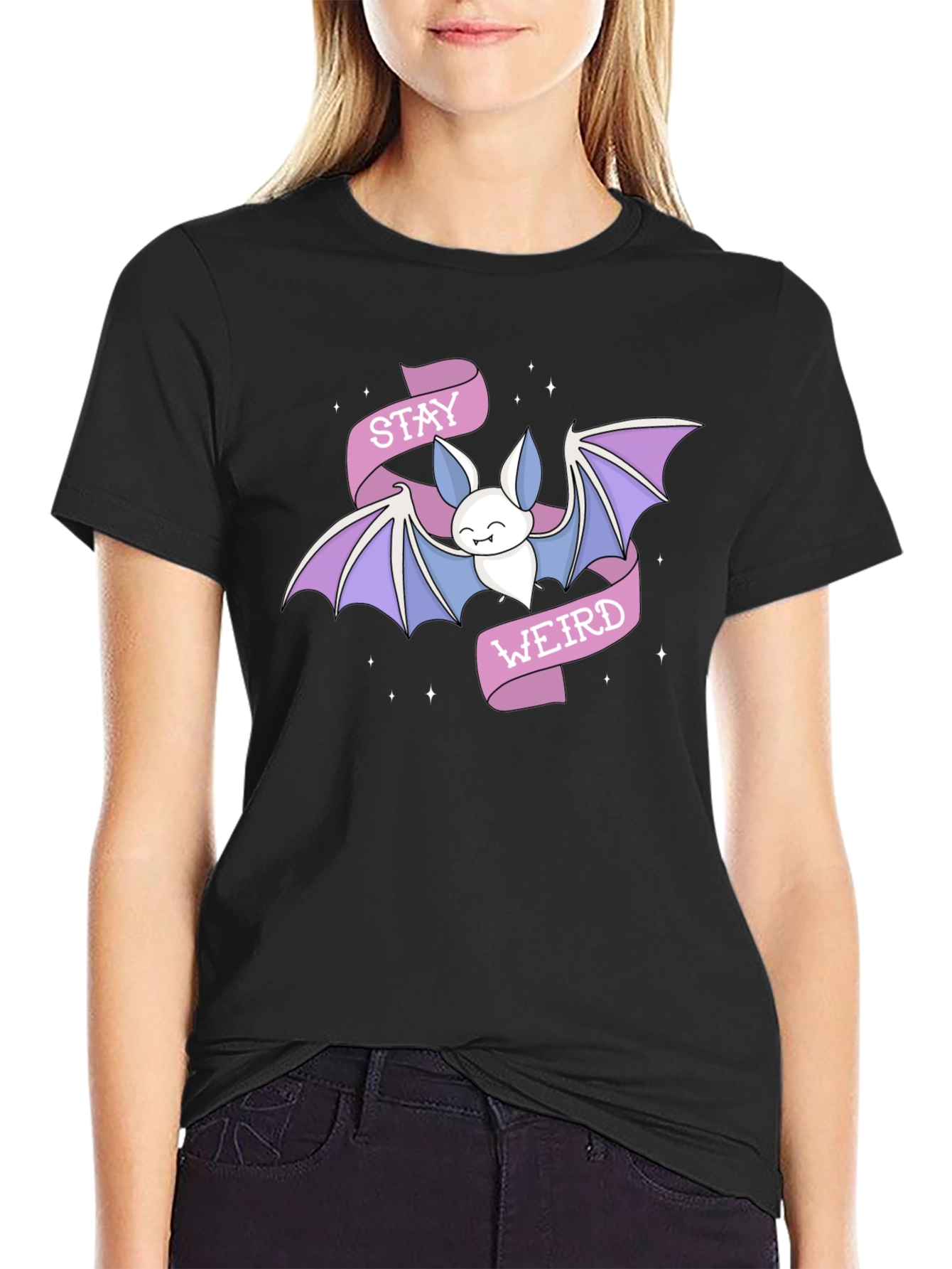 Stay Weird Bat Graphic Tee - Black Cotton T-Shirt