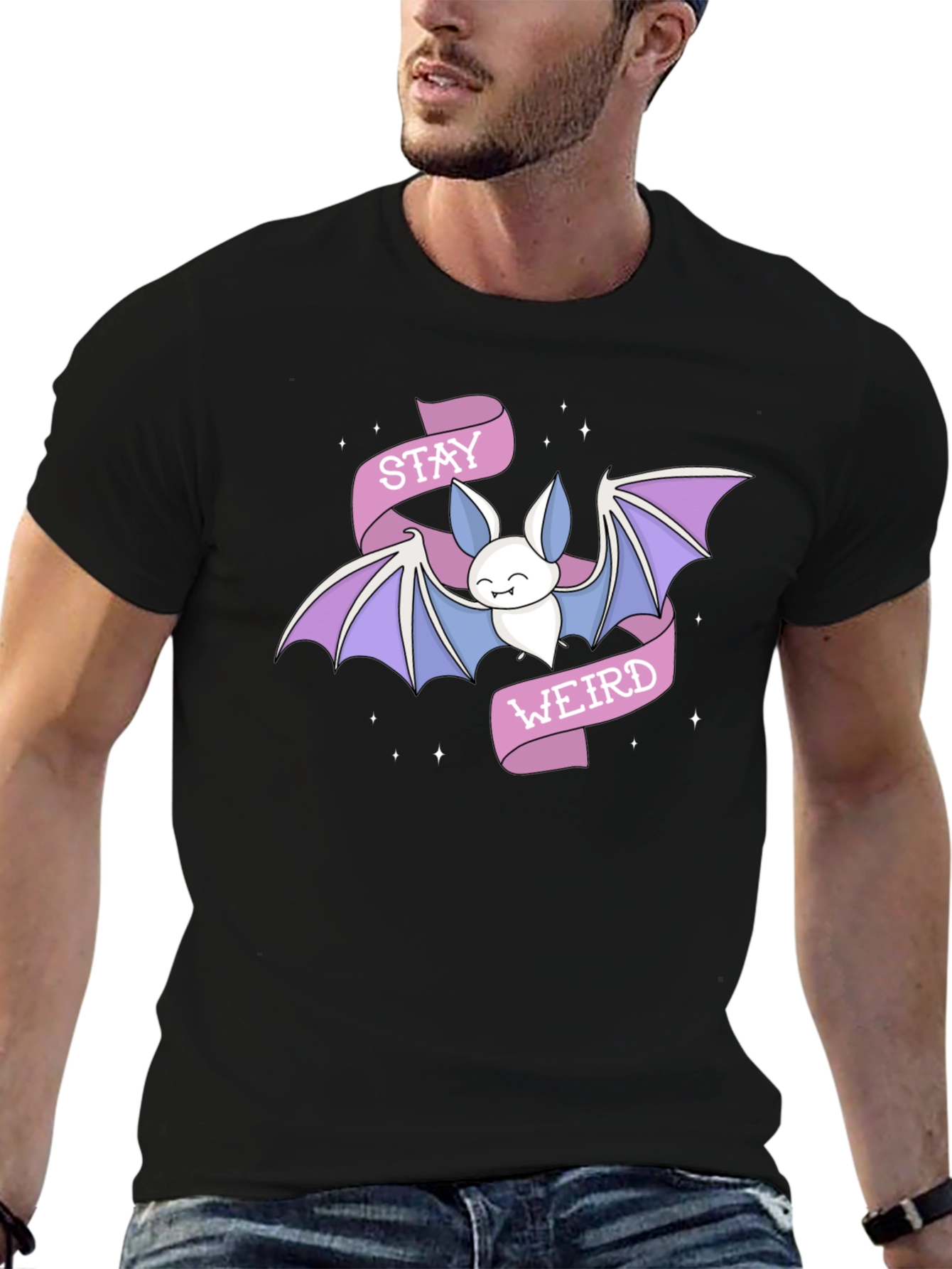 Stay Weird Bat Graphic Tee - Black Cotton T-Shirt