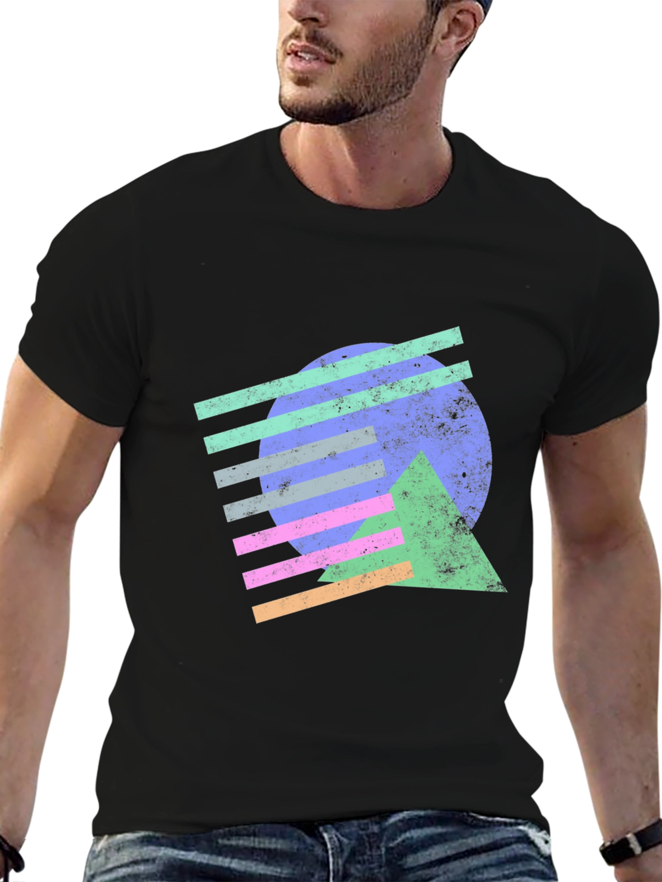 Retro Geometric Graphic Tee - Black Cotton T-Shirt