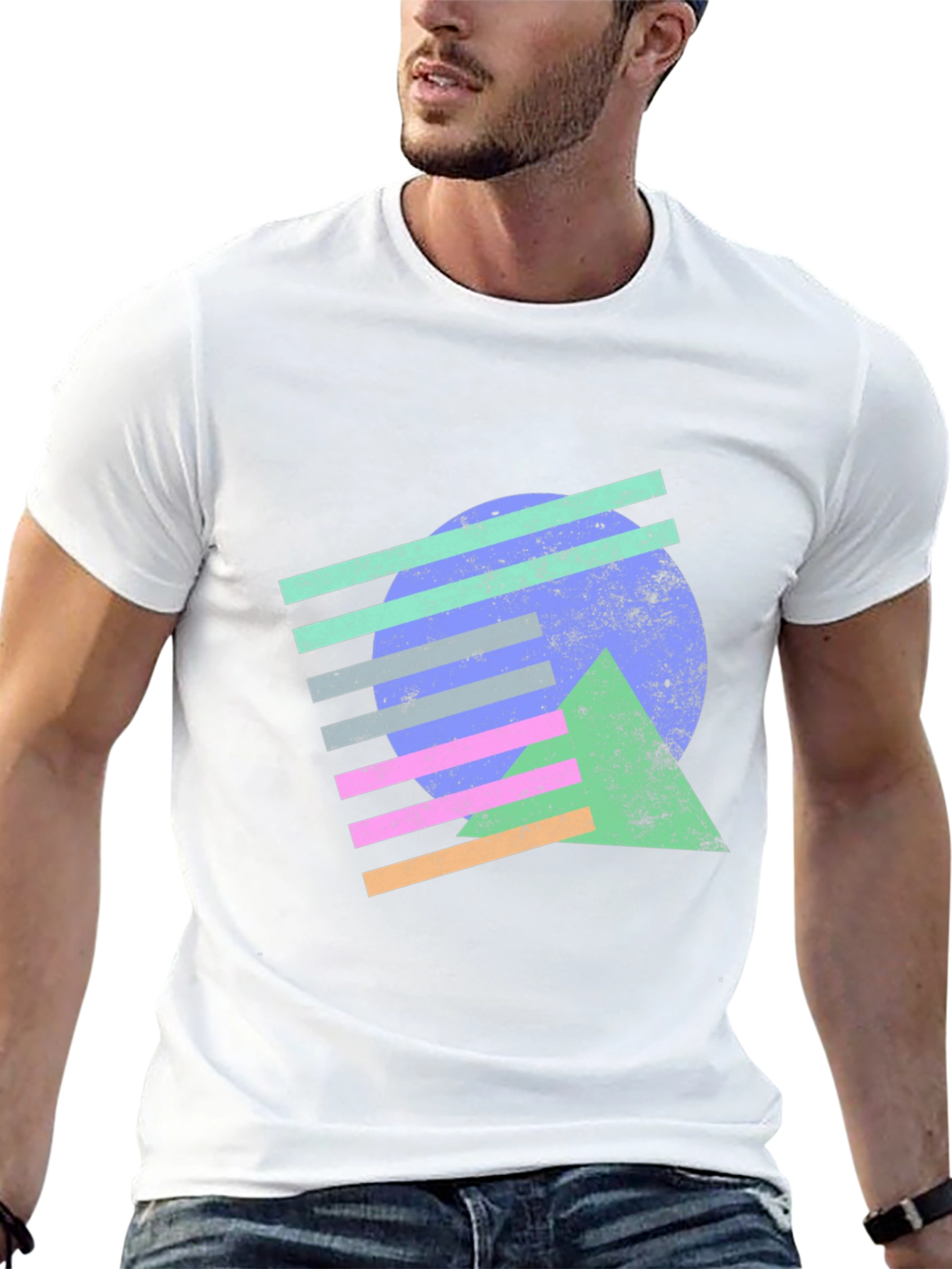 Retro Geometric Graphic Tee - Black Cotton T-Shirt