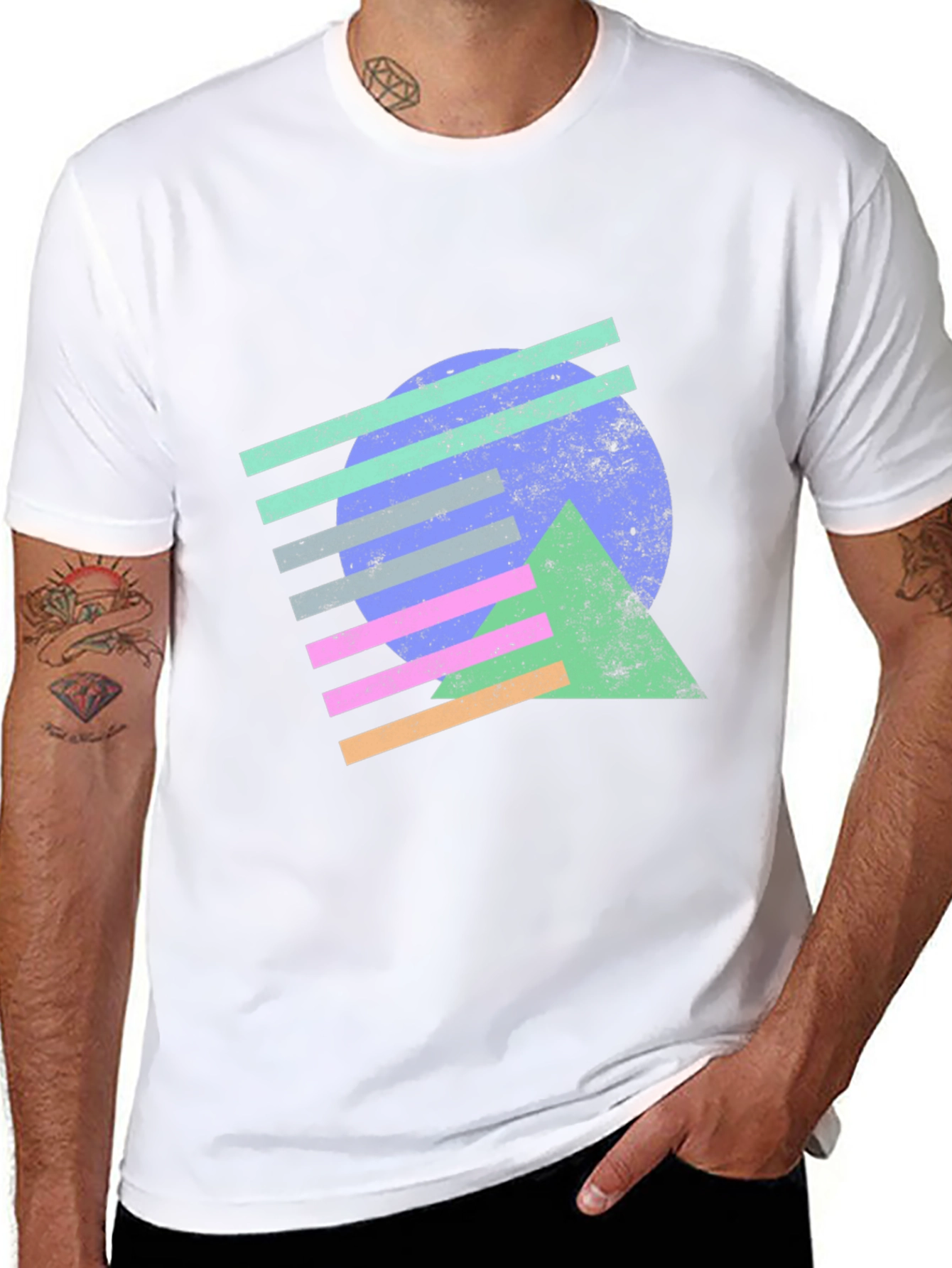 Retro Geometric Graphic Tee - Black Cotton T-Shirt