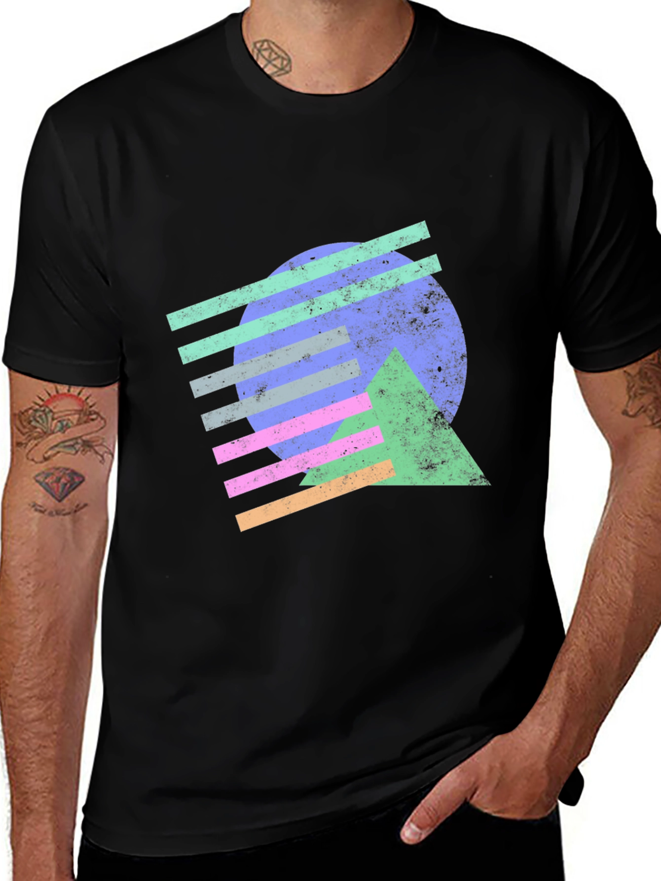 Retro Geometric Graphic Tee - Black Cotton T-Shirt