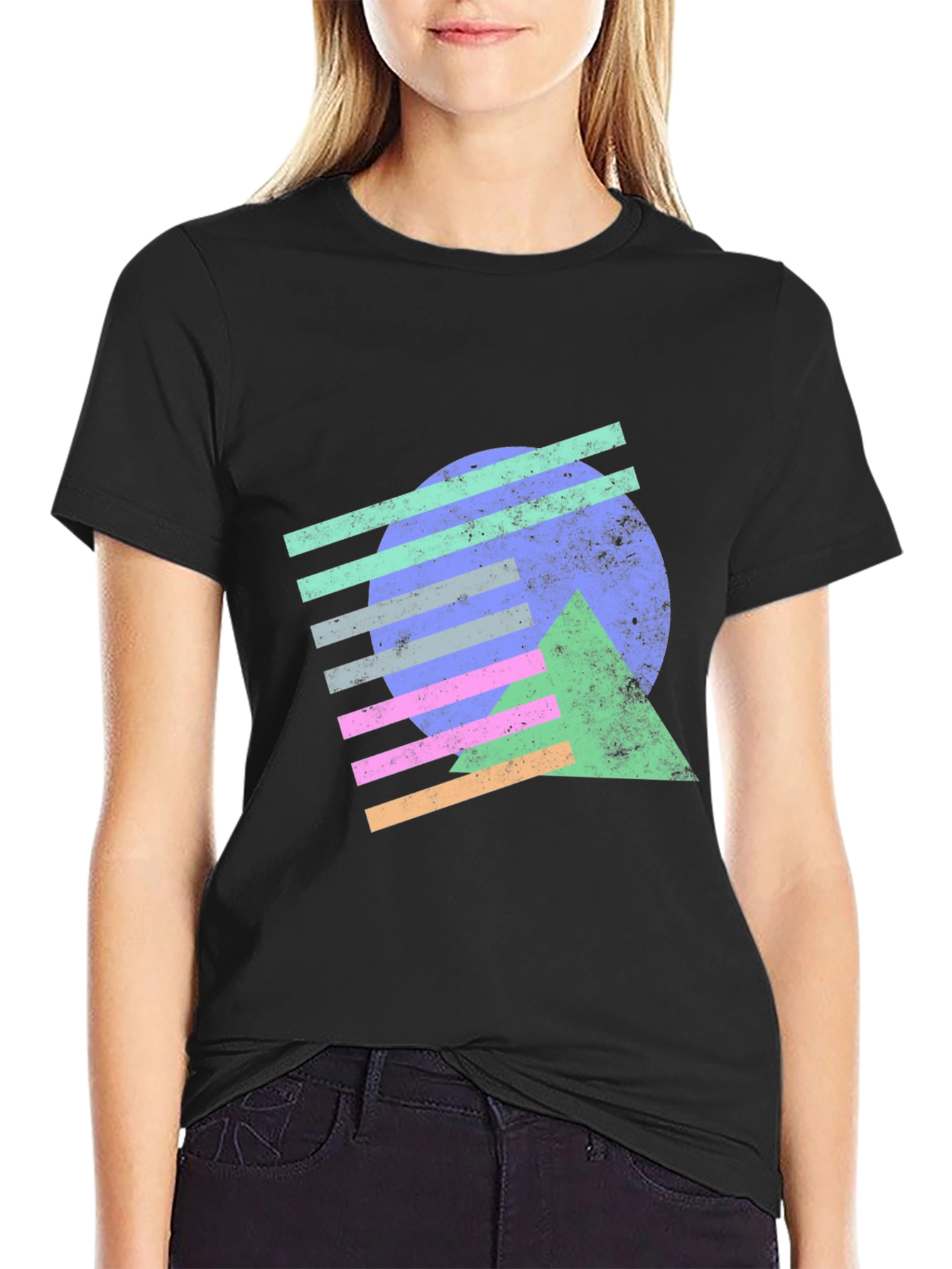 Retro Geometric Graphic Tee - Black Cotton T-Shirt