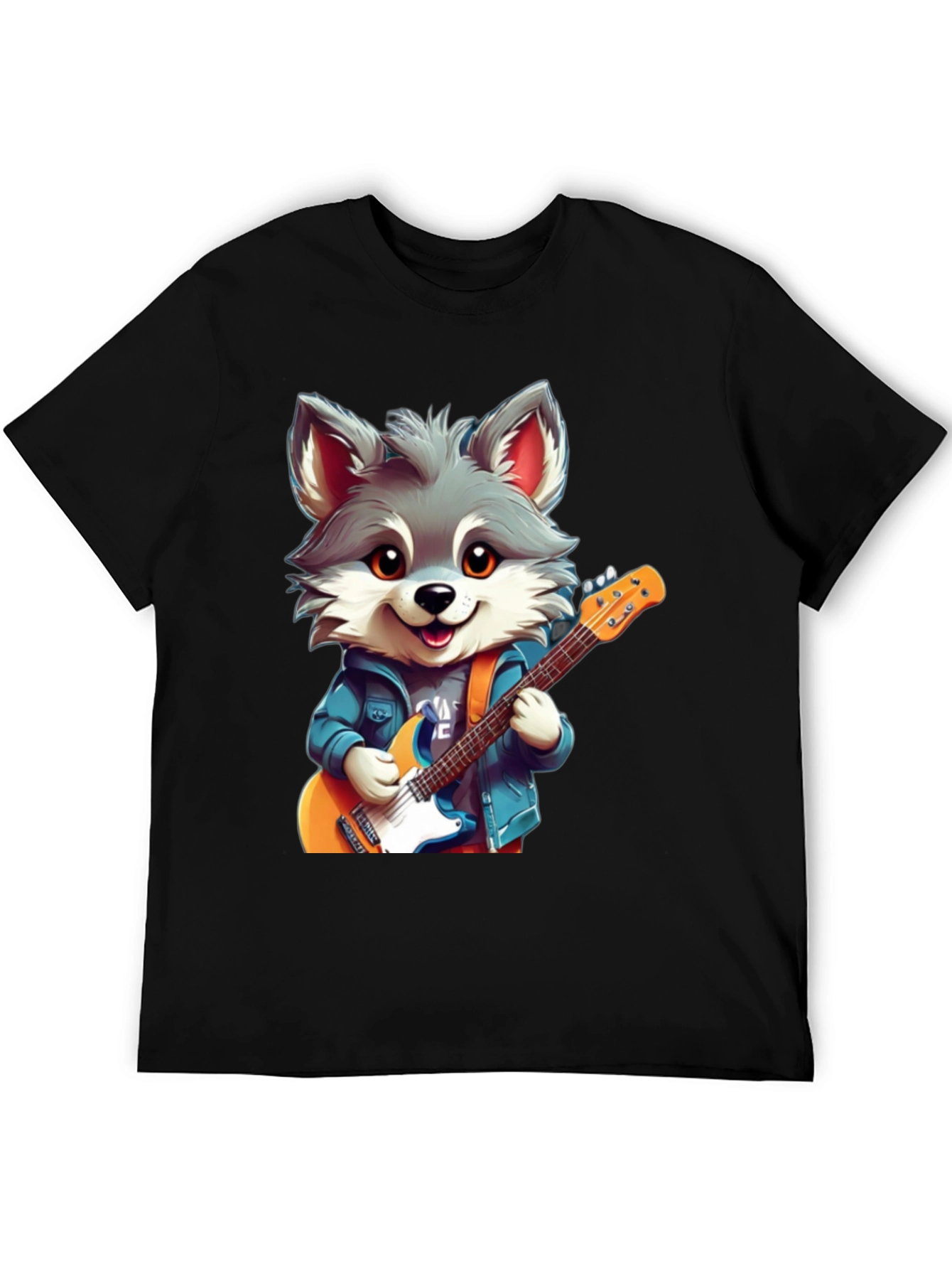 Cute Cartoon Wolf Guitarist Graphic Tee