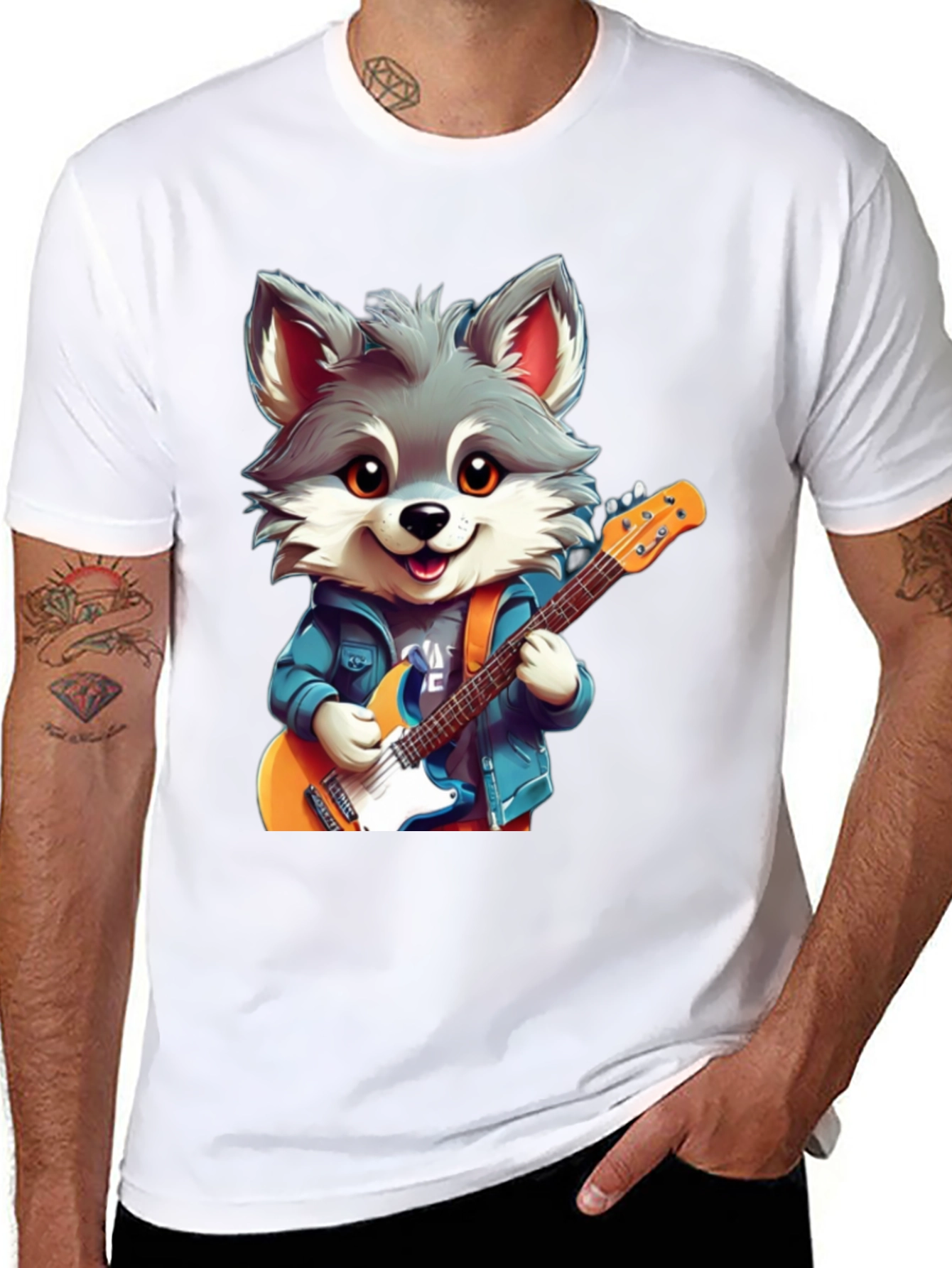 Cute Cartoon Wolf Guitarist Graphic Tee