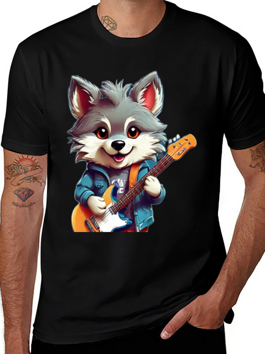 Cute Cartoon Wolf Guitarist Graphic Tee