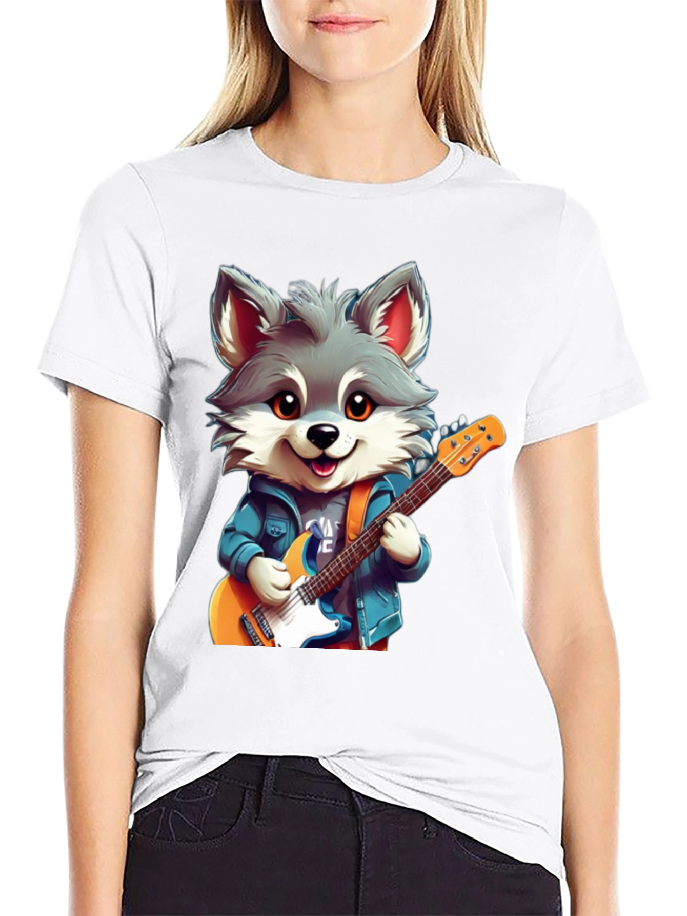 Cute Cartoon Wolf Guitarist Graphic Tee