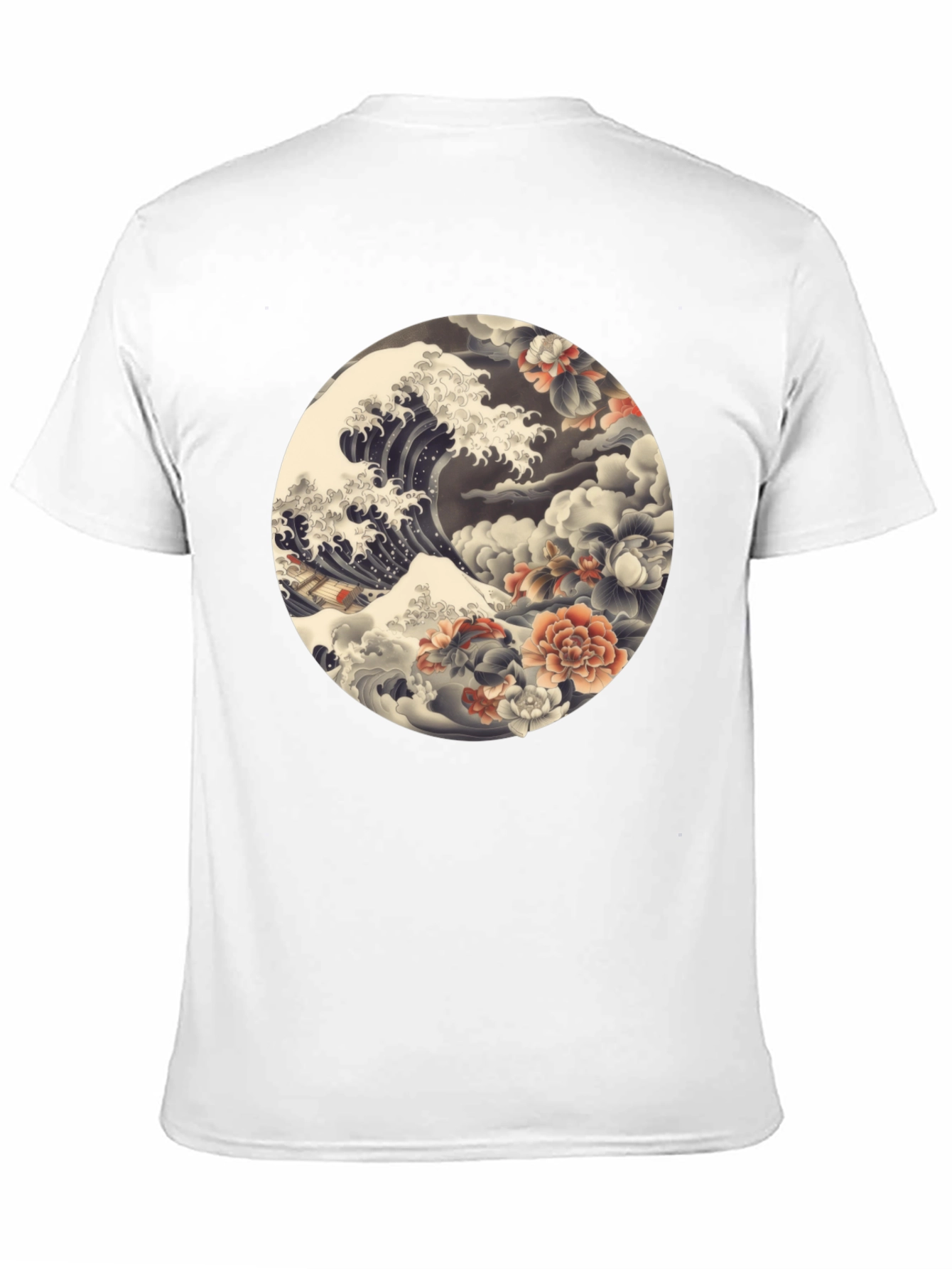 Ukiyo-e Wave and Floral Print Black T-Shirt