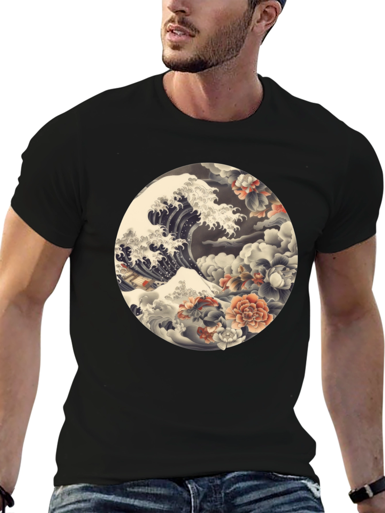 Ukiyo-e Wave and Floral Print Black T-Shirt
