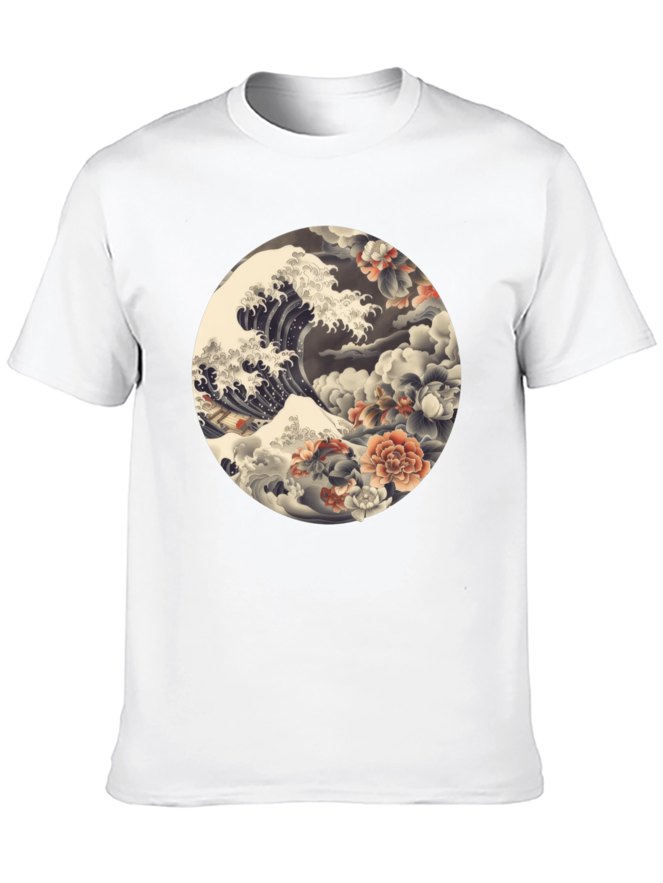 Ukiyo-e Wave and Floral Print Black T-Shirt