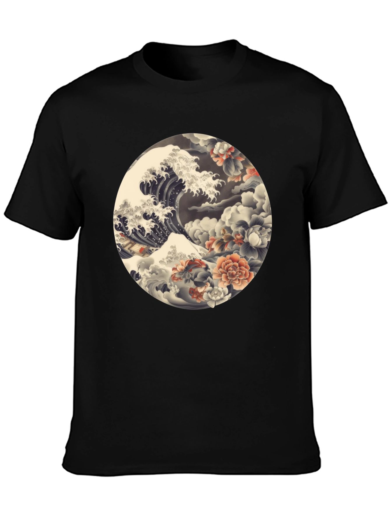 Ukiyo-e Wave and Floral Print Black T-Shirt