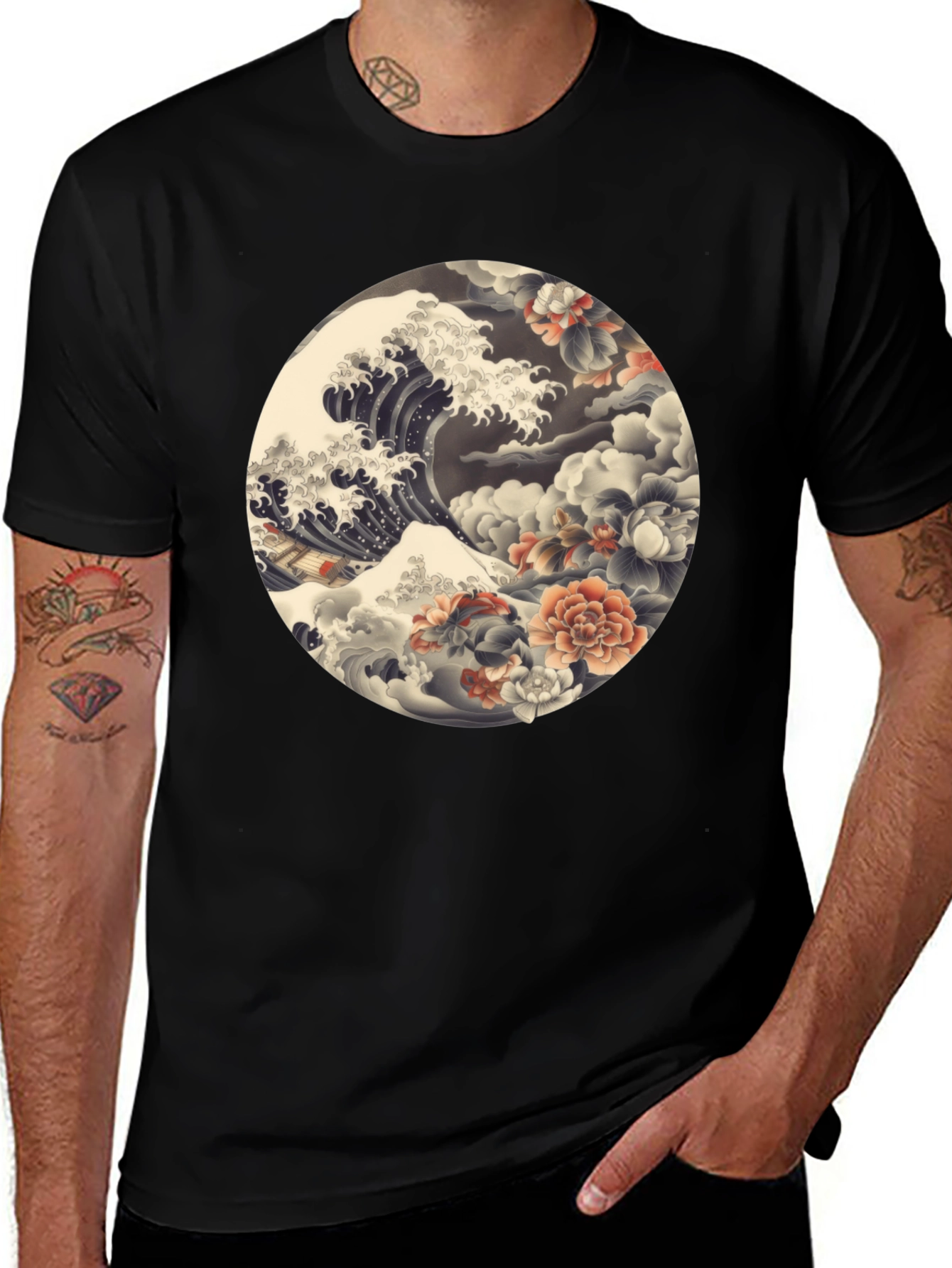 Ukiyo-e Wave and Floral Print Black T-Shirt