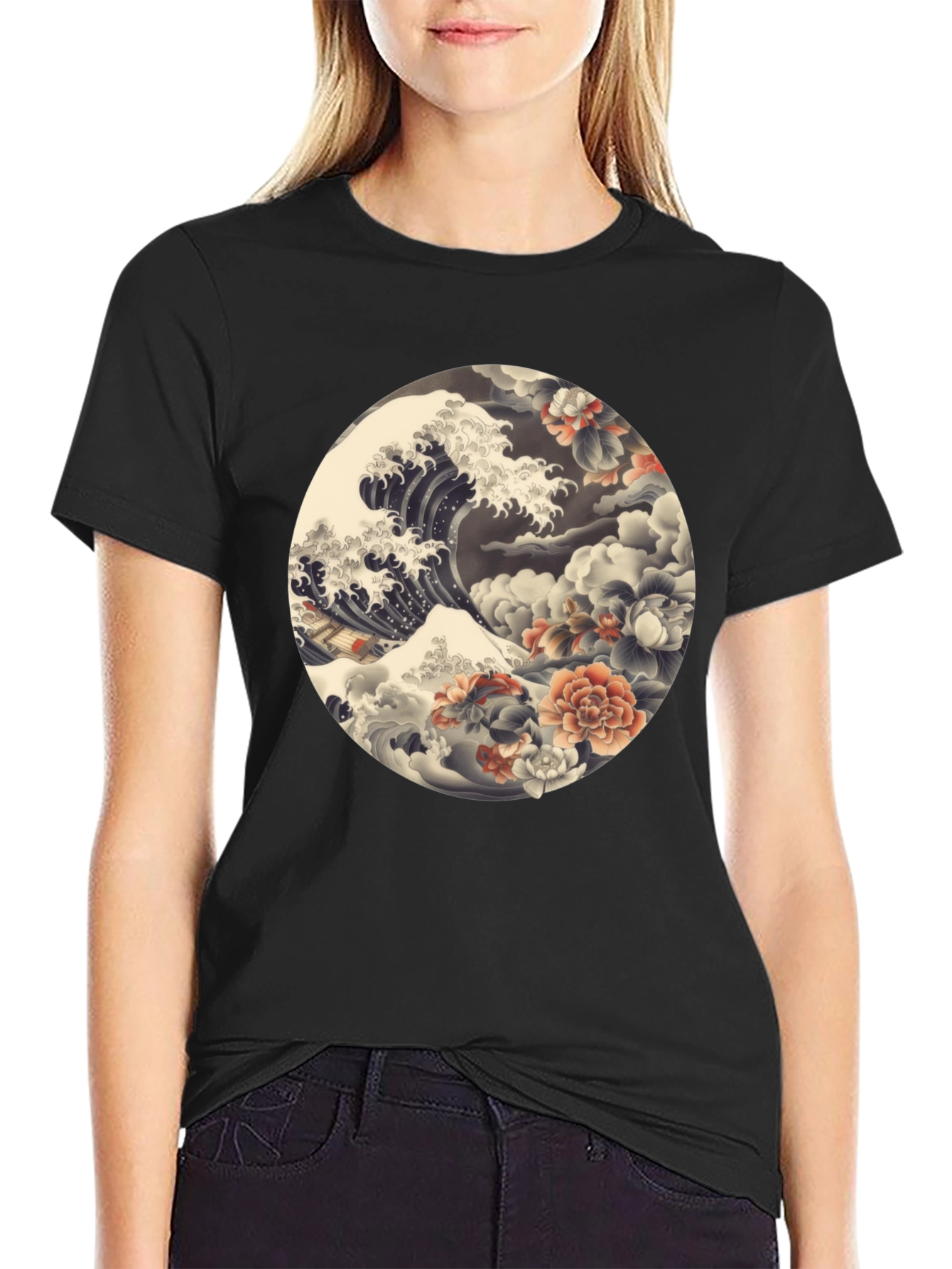 Ukiyo-e Wave and Floral Print Black T-Shirt