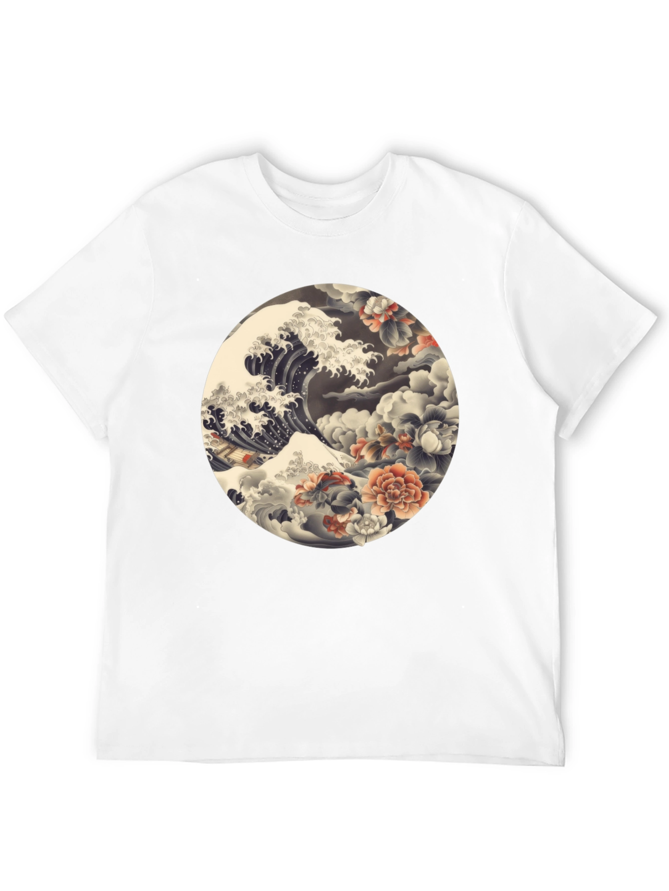Ukiyo-e Wave and Floral Print Black T-Shirt