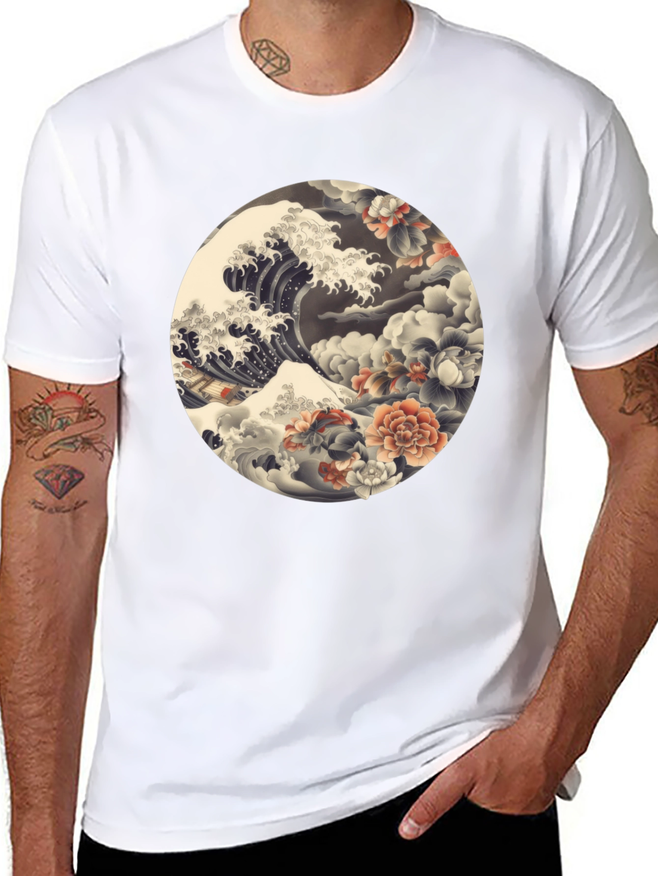 Ukiyo-e Wave and Floral Print Black T-Shirt